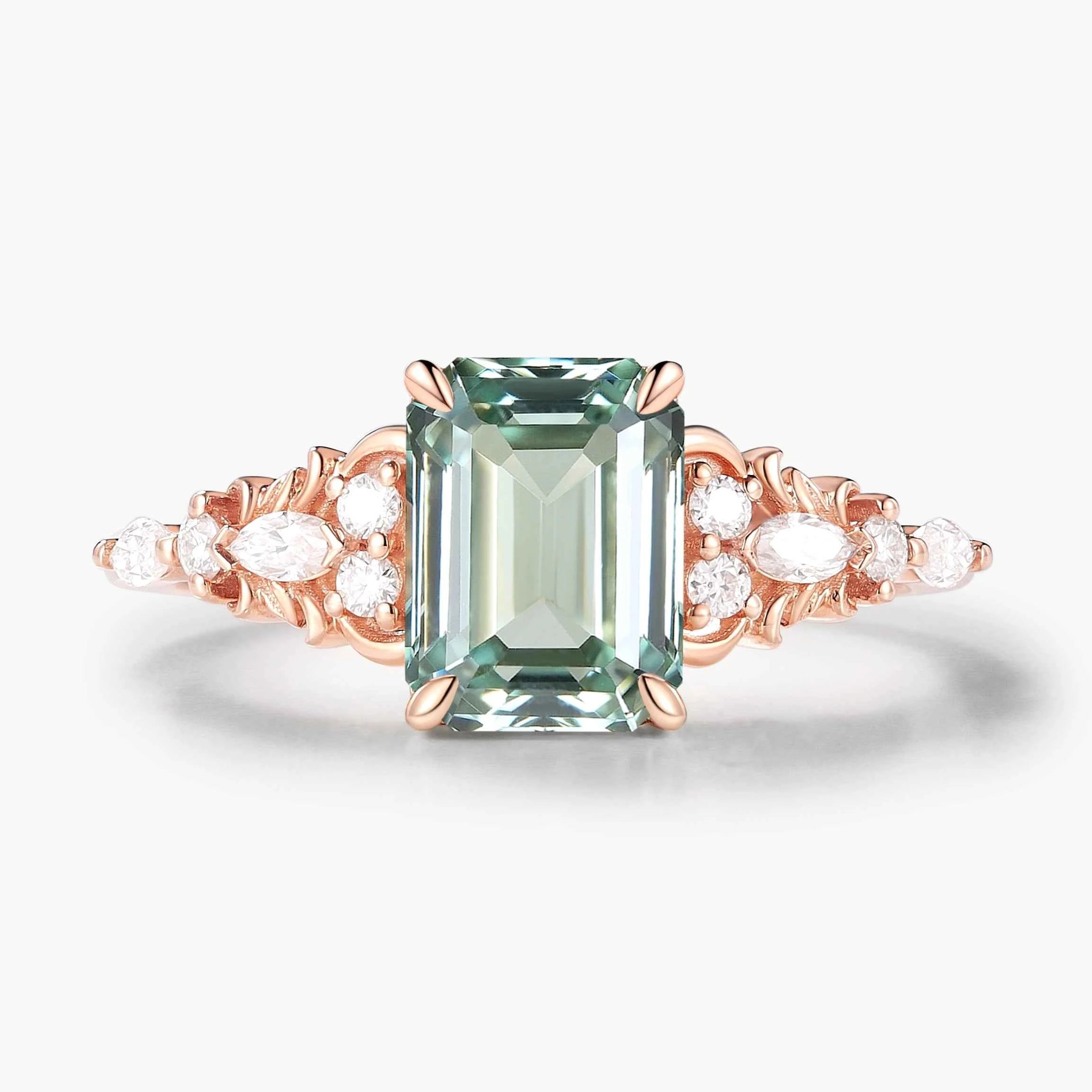 Nature-Inspired Emerald-Cut Green Sapphire Engagement Ring with Moissanite Accents