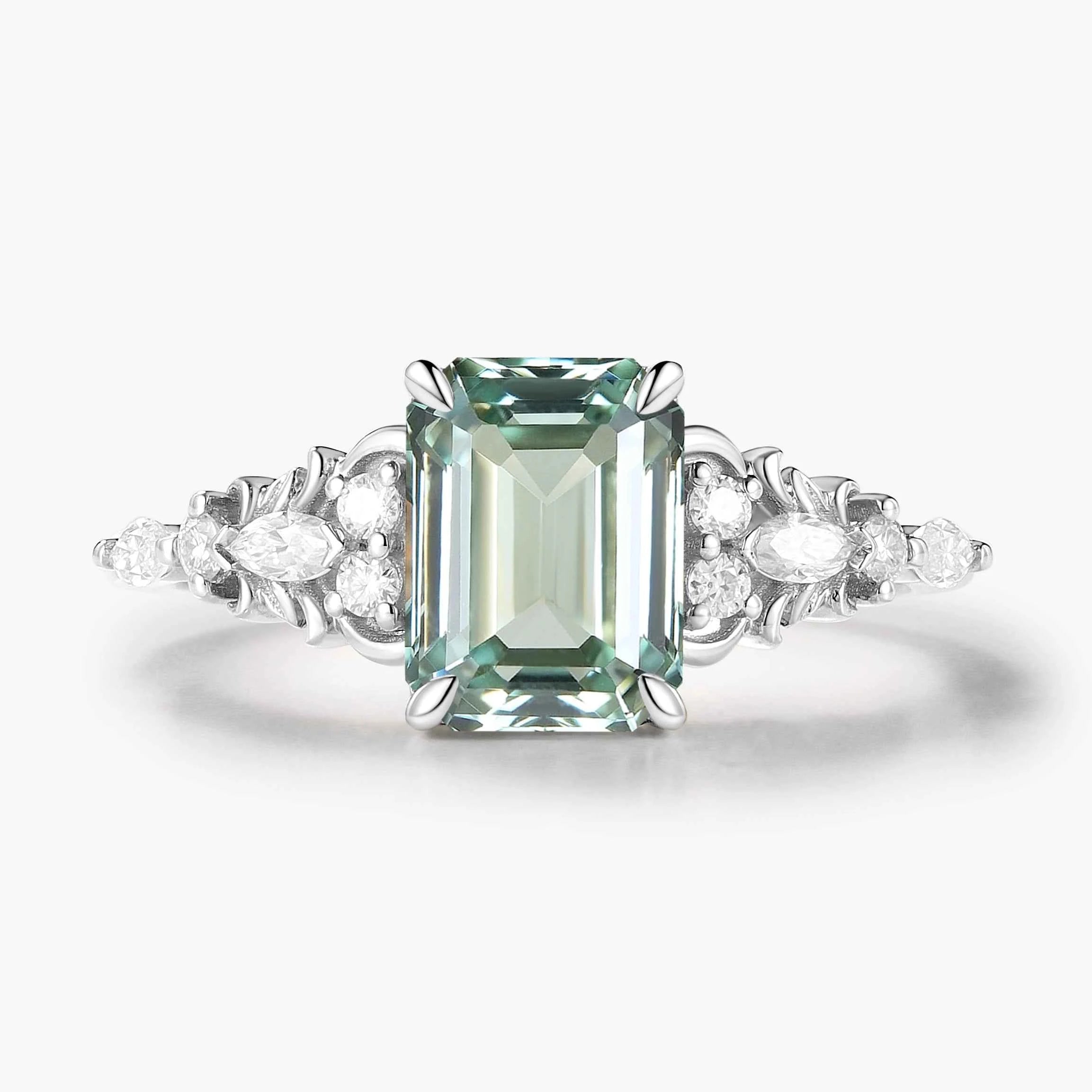 Nature-Inspired Emerald-Cut Green Sapphire Engagement Ring with Moissanite Accents