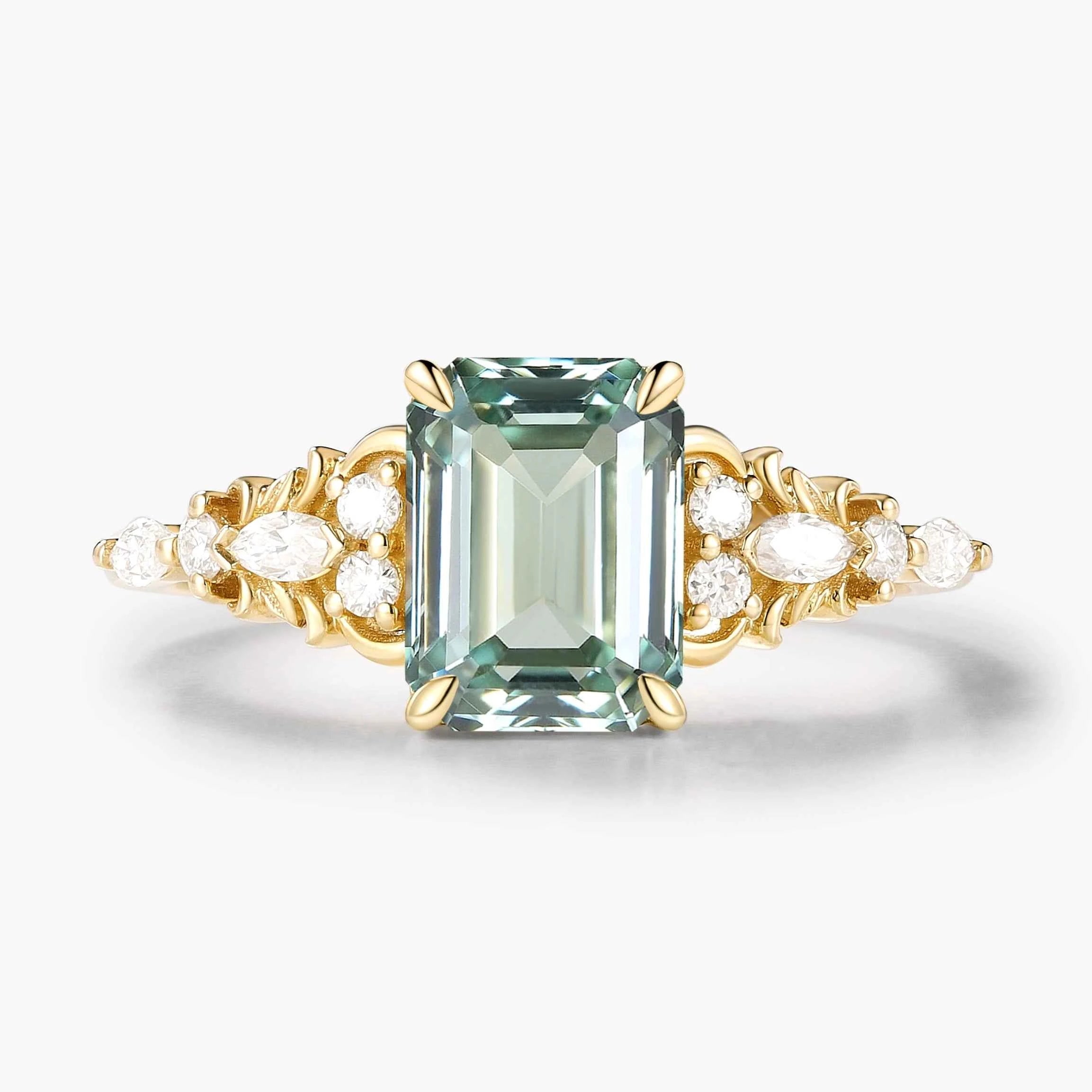 Nature-Inspired Emerald-Cut Green Sapphire Engagement Ring with Moissanite Accents