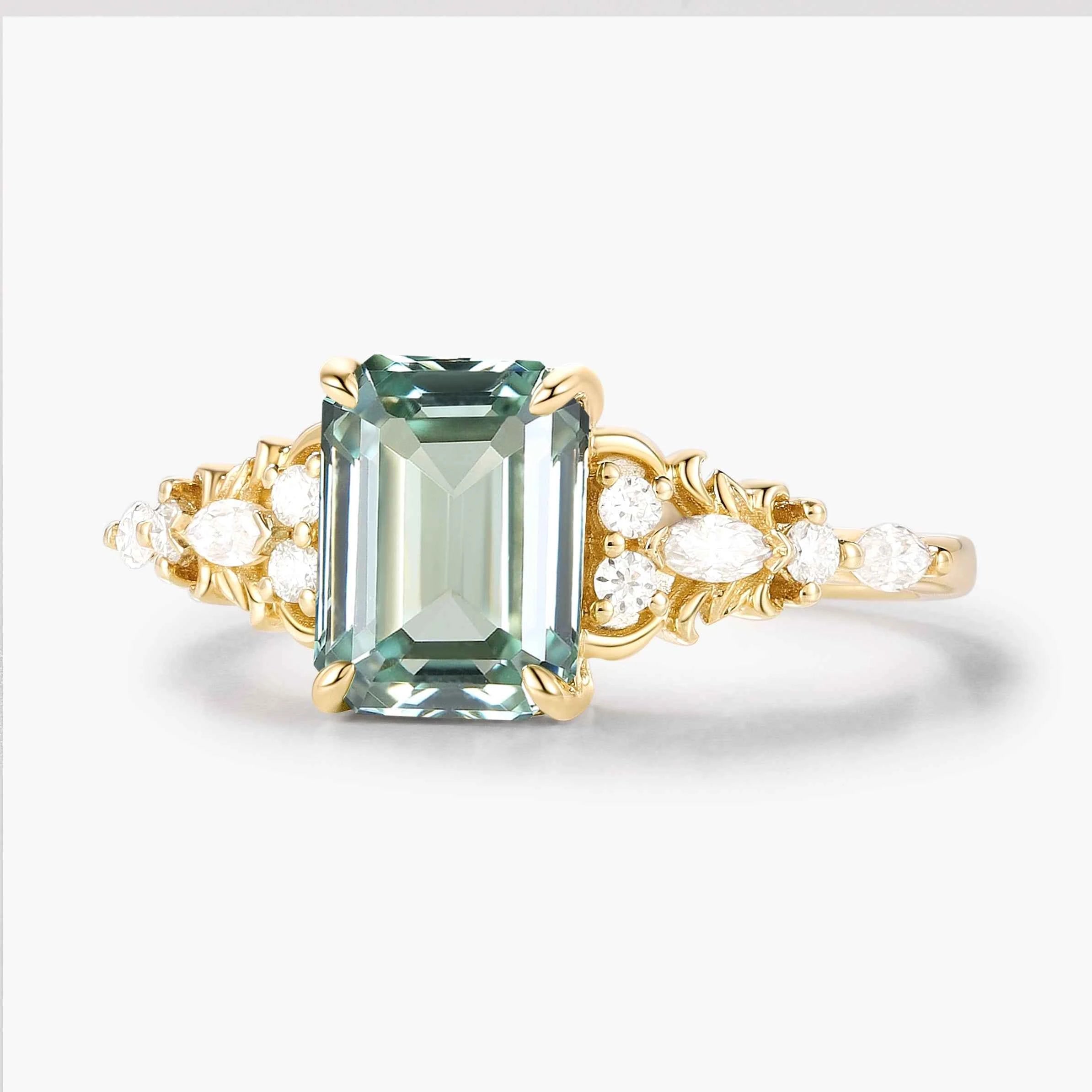 Nature-Inspired Emerald-Cut Green Sapphire Engagement Ring with Moissanite Accents