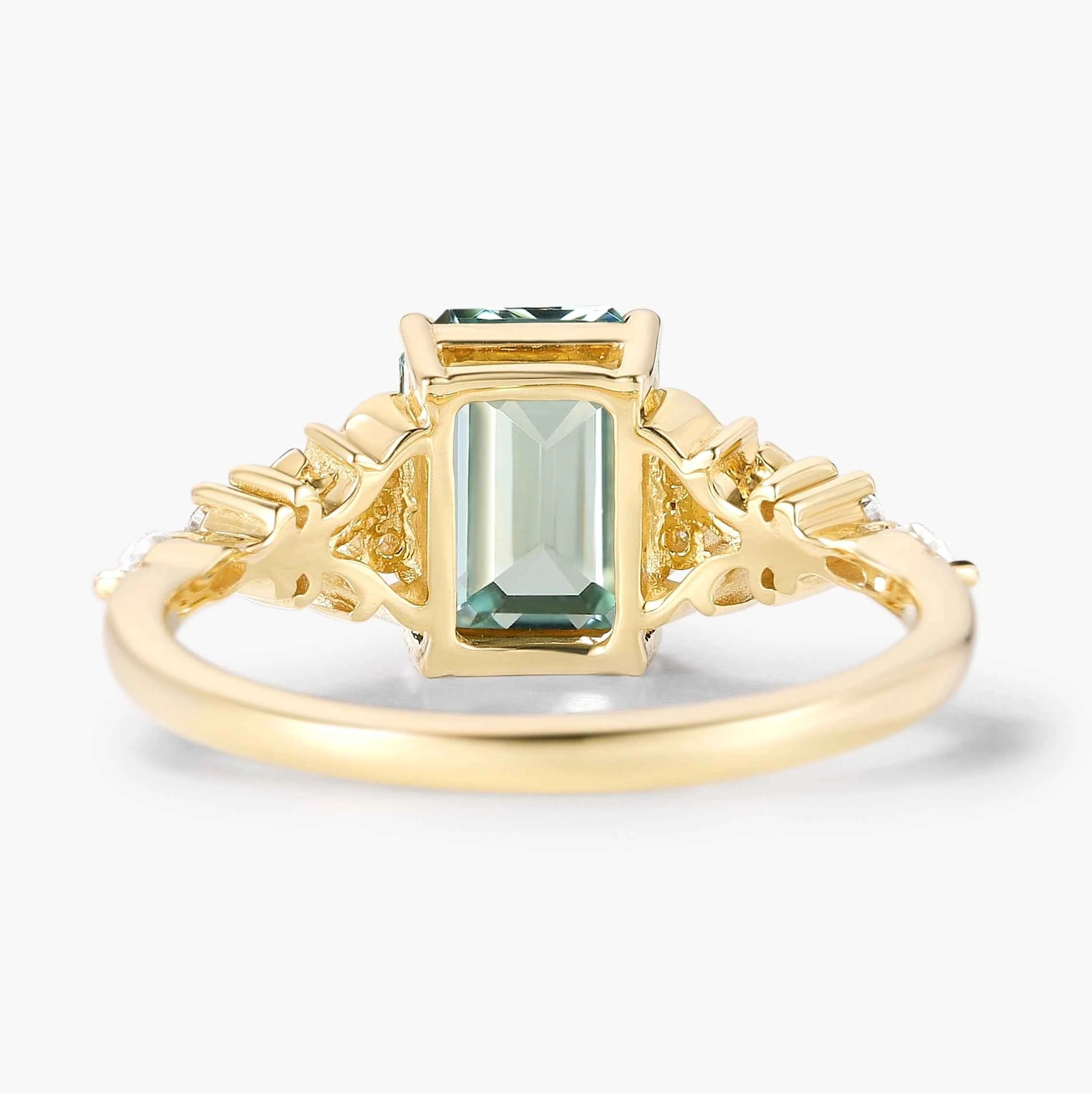 Nature-Inspired Emerald-Cut Green Sapphire Engagement Ring with Moissanite Accents