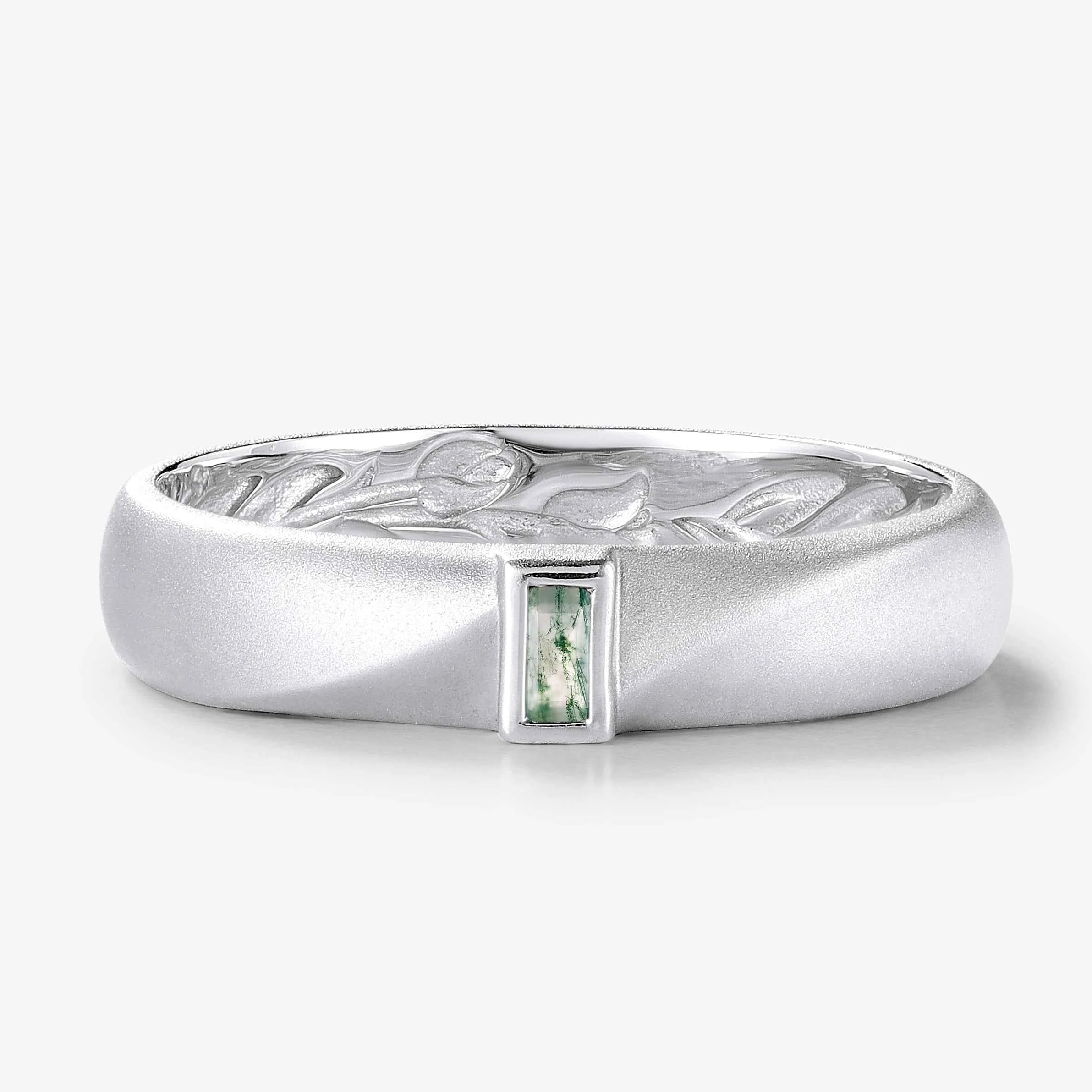Nature-Inspired Moss Agate Men’s Wedding Band with Inner Tulip Carving