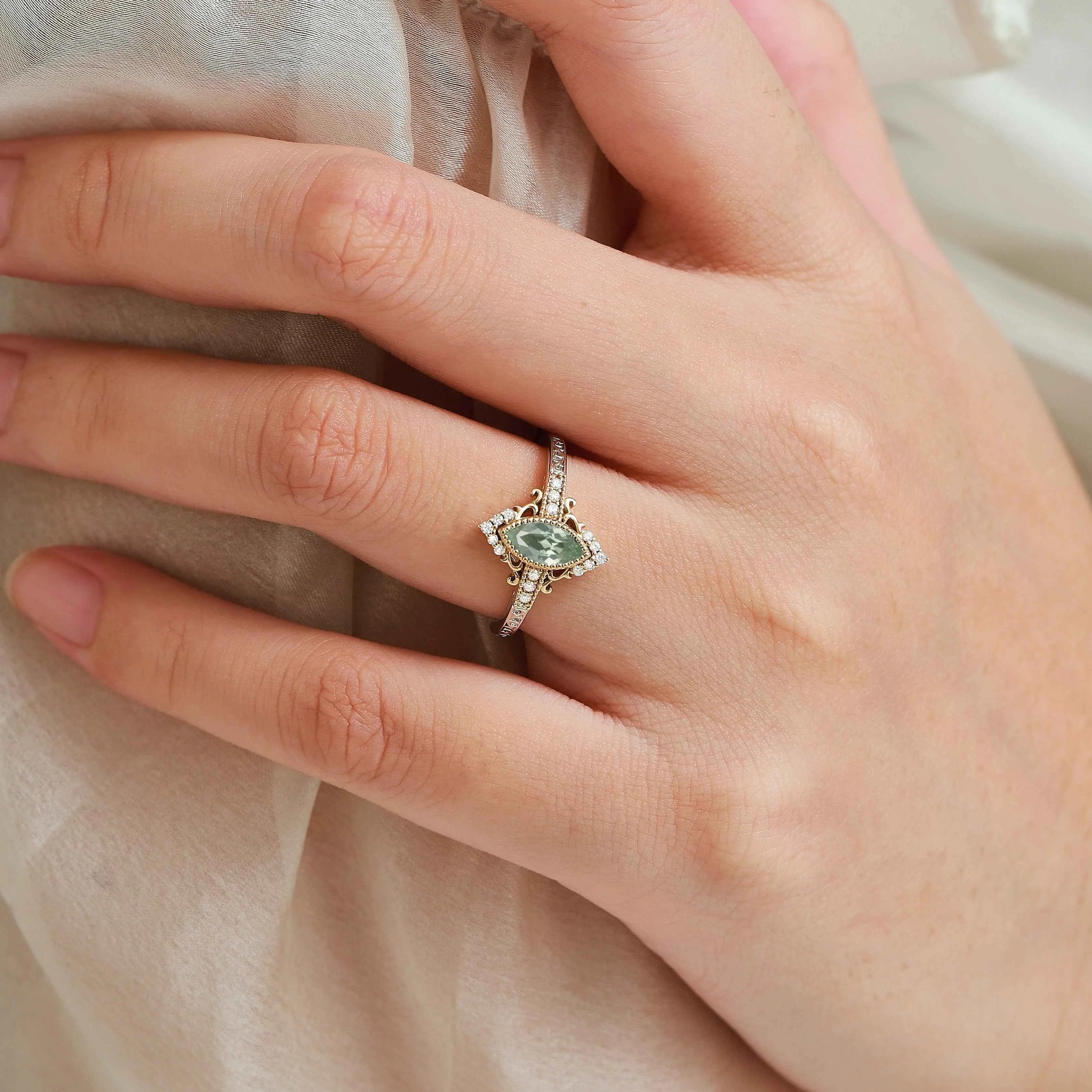 Bezel Setting & Milgrain Detailing Marquise-Cut Green Tsavorite Engagement Ring