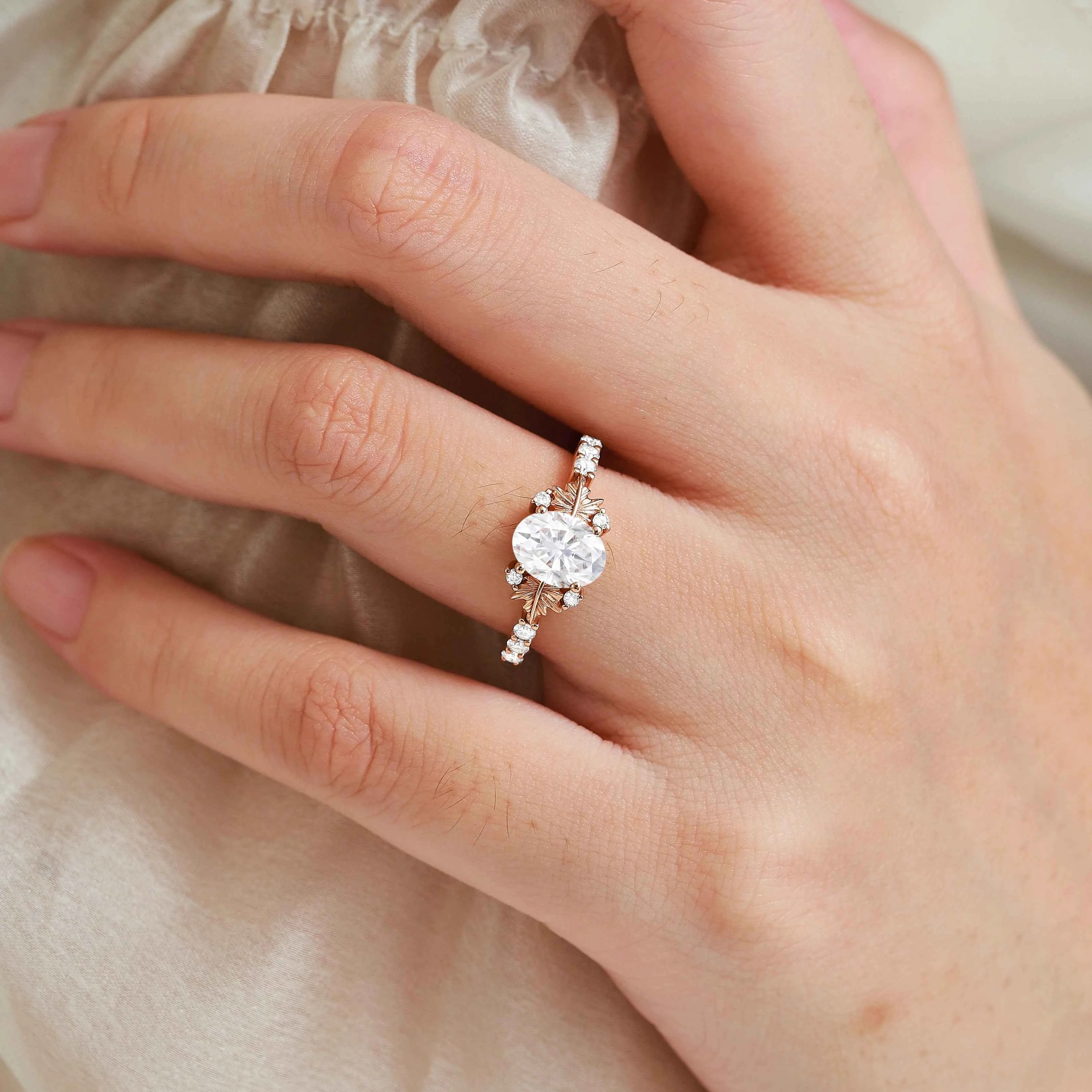 Maple Leaf Design Oval-Cut Moissanite Pavé Engagement Ring