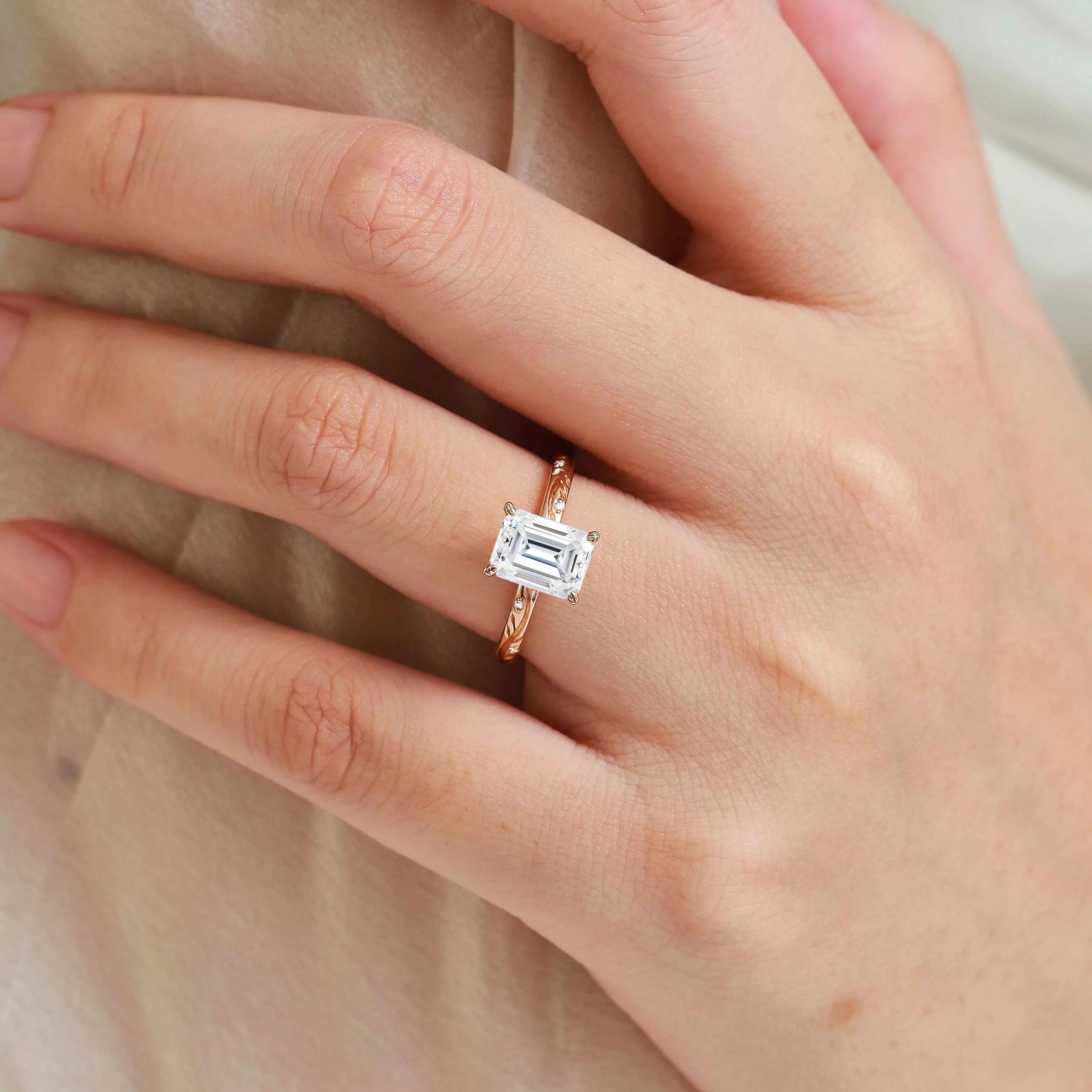 Minimalist Elegance Leaf Prong Emerald Cut Moissanite Engagement Ring