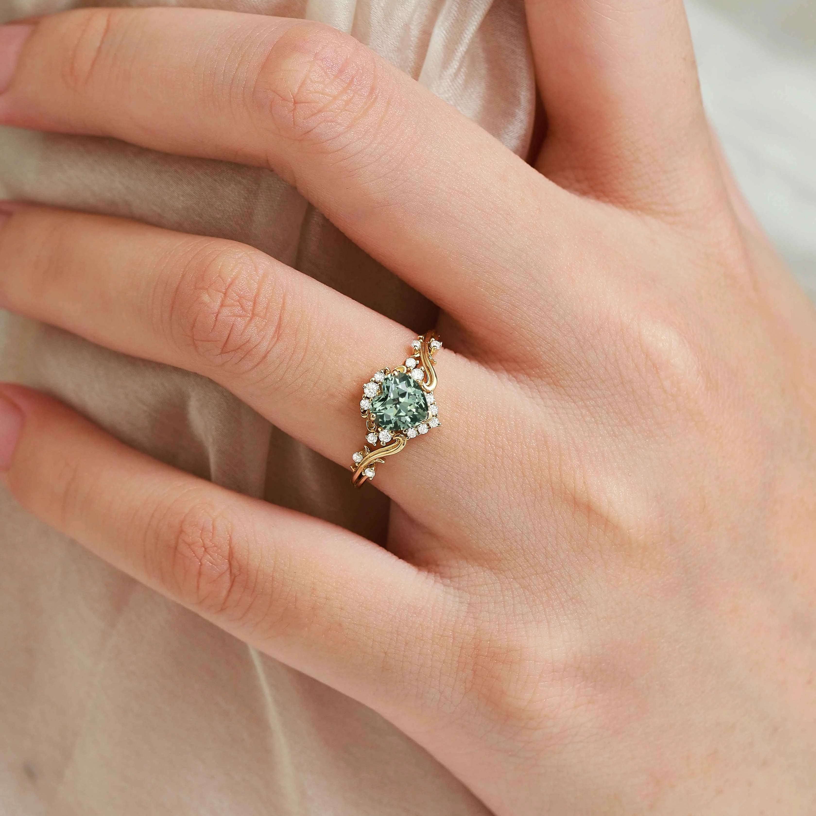 Heart-Cut Teal Sapphire & Moissanite Cluster Nature-Inspired Engagement Ring