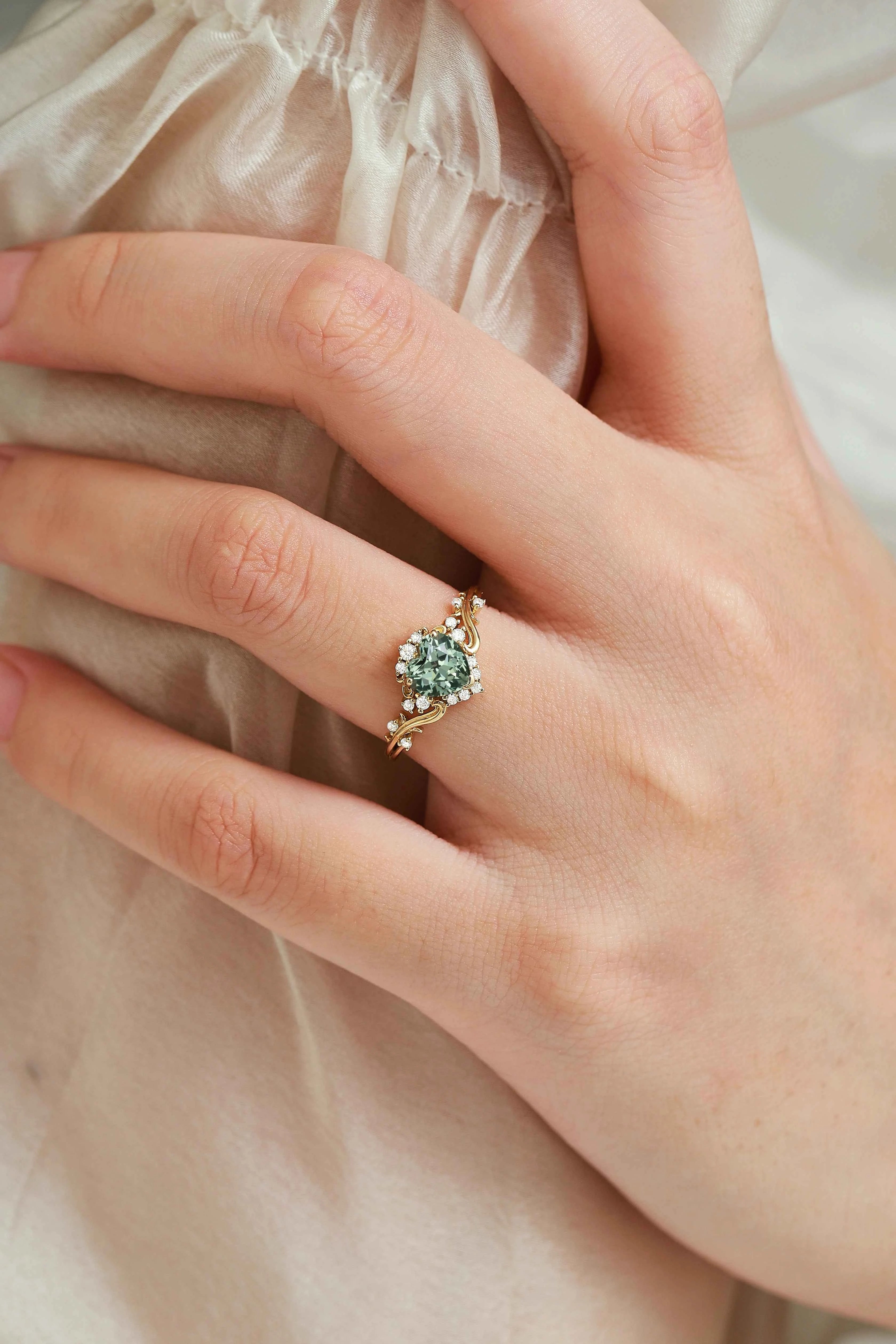 Heart-Cut Teal Sapphire & Moissanite Cluster Nature-Inspired Engagement Ring
