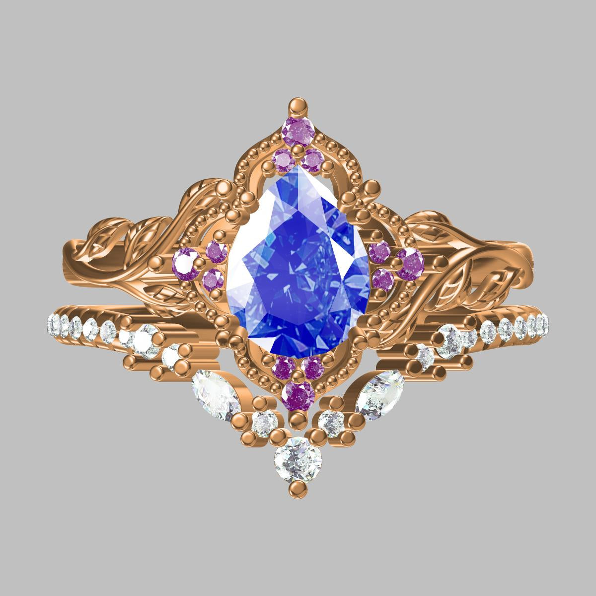 Pear-Cut Alexandrite Engagement Ring Set with Moissanite Wedding Band