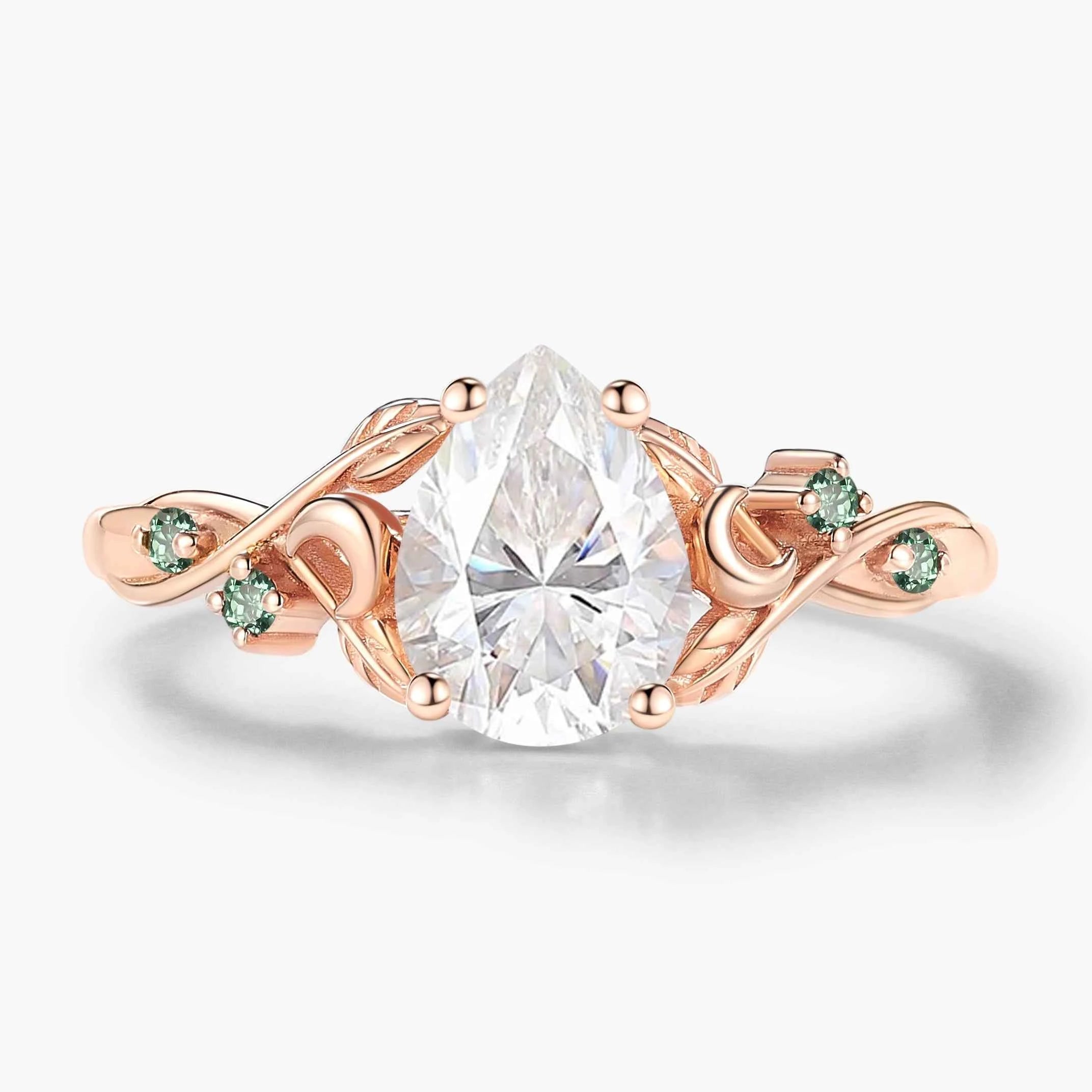 Nature Inspired Leaf and Moon Pear Cut Moissanite Engagement Ring - Eira