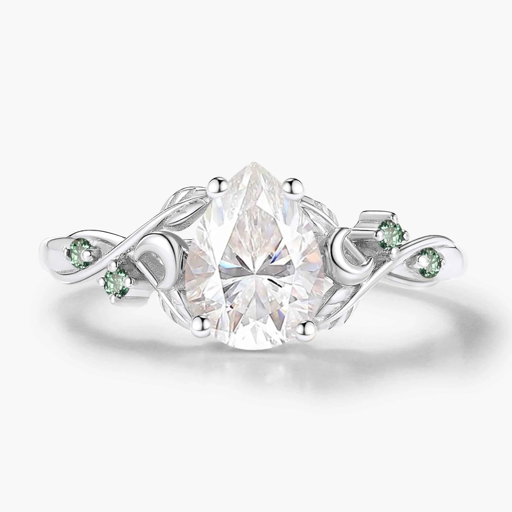 Nature Inspired Leaf and Moon Pear Cut Moissanite Engagement Ring - Eira