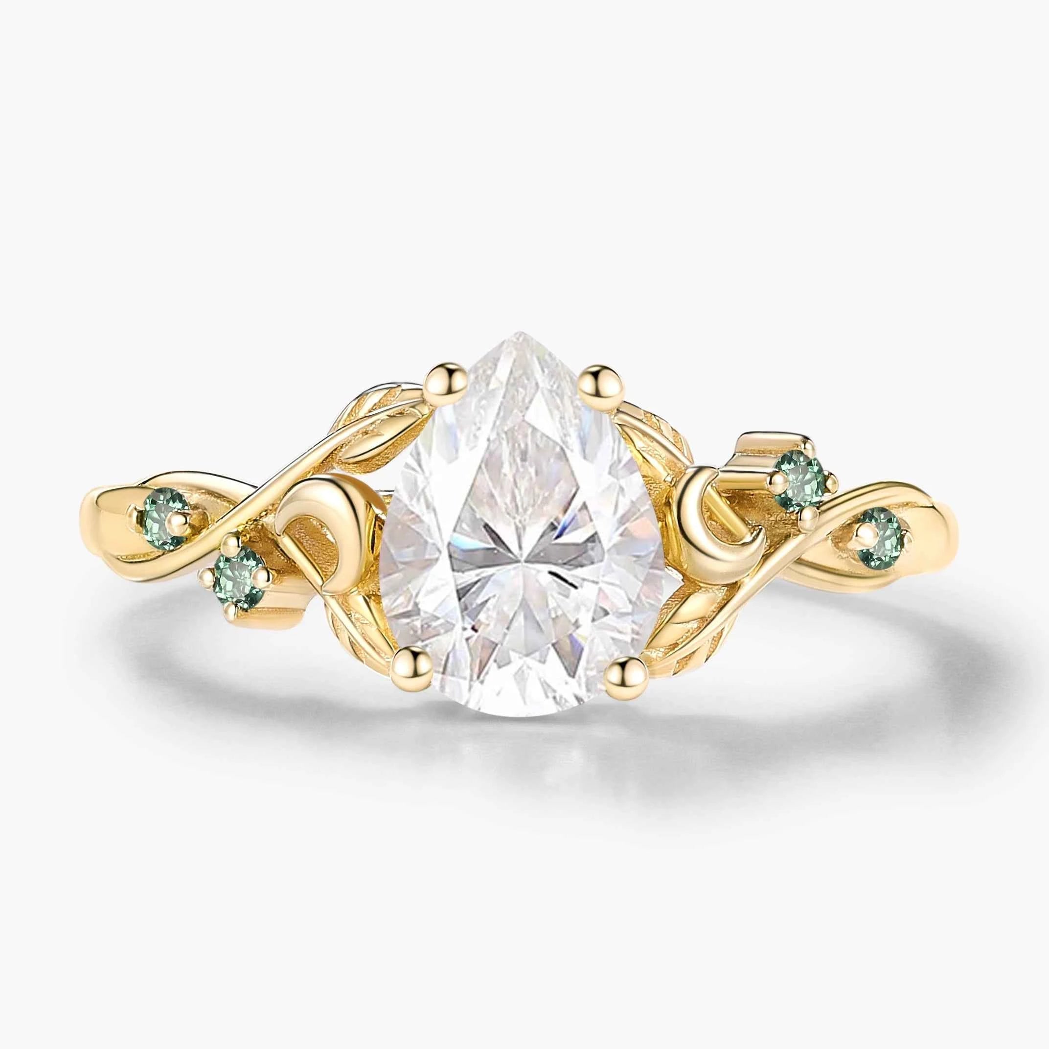 Nature Inspired Leaf and Moon Pear Cut Moissanite Engagement Ring - Eira