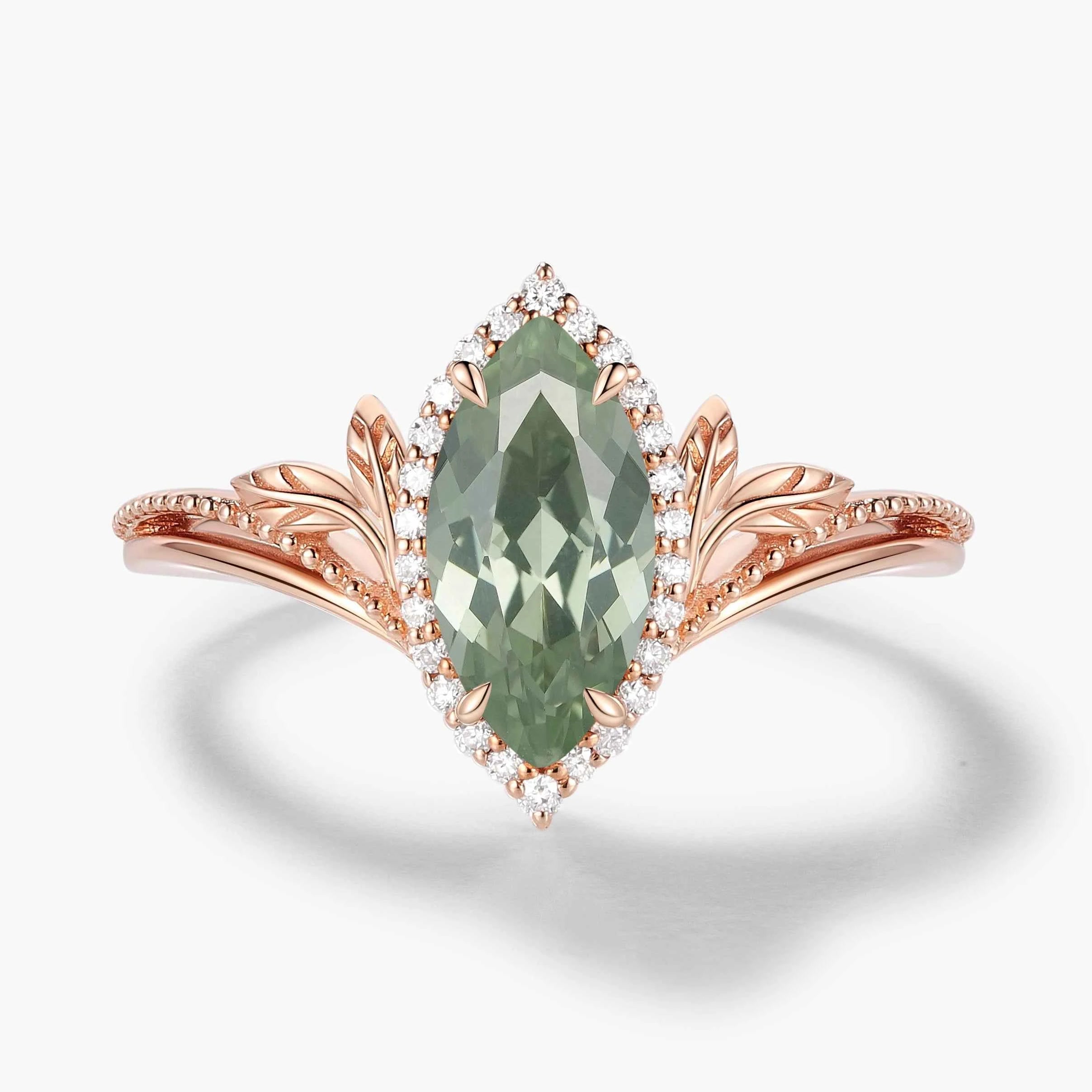 Nature-Inspired Marquise Green Sapphire Engagement Ring with Milgrain Halo
