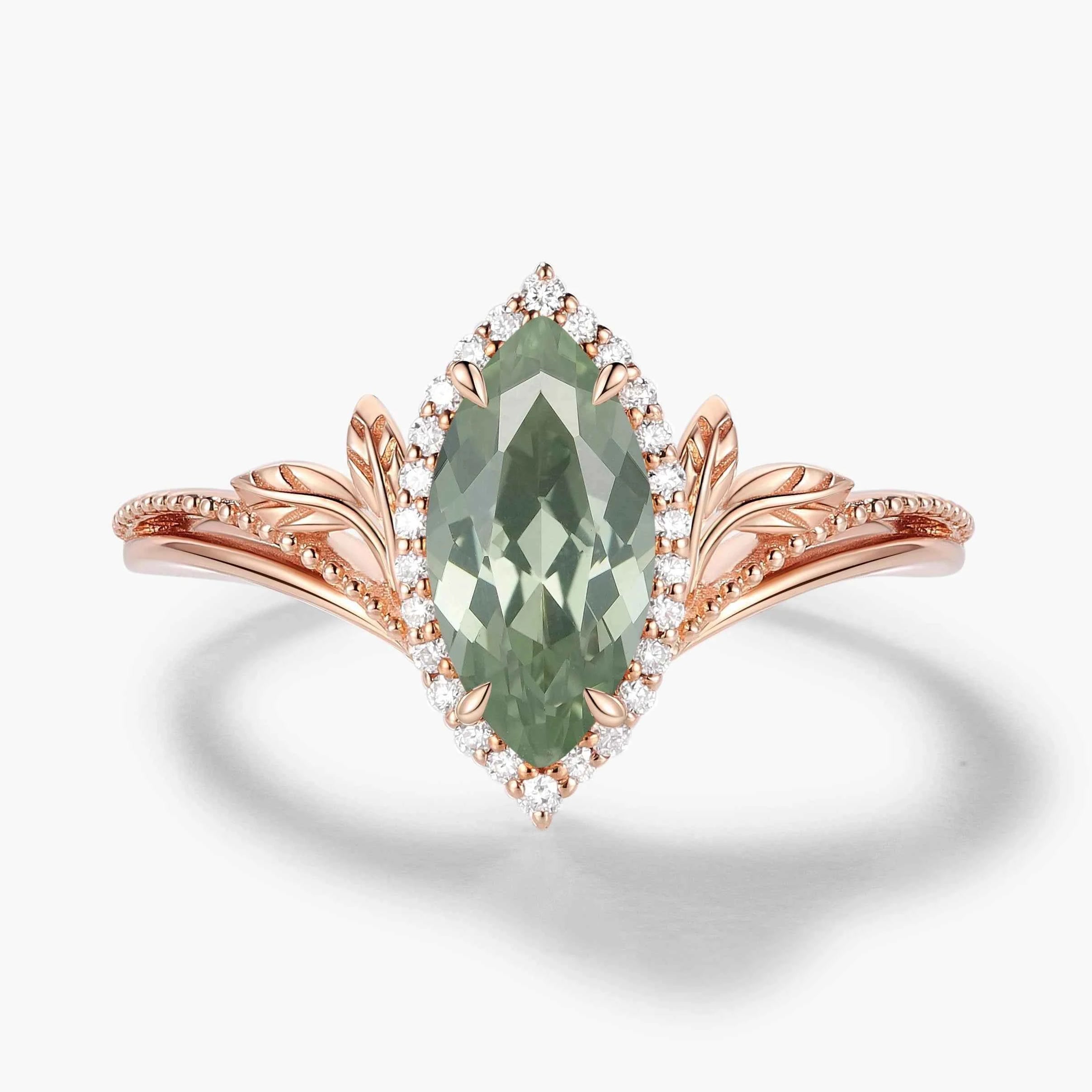 Nature-Inspired Marquise Green Sapphire Engagement Ring with Milgrain Halo & Wedding Band 2PCS