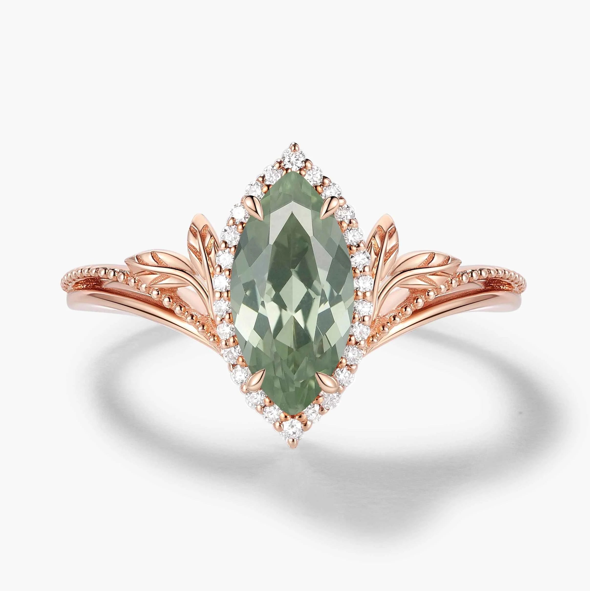 Nature-Inspired Marquise Green Sapphire Engagement Ring with Milgrain Halo