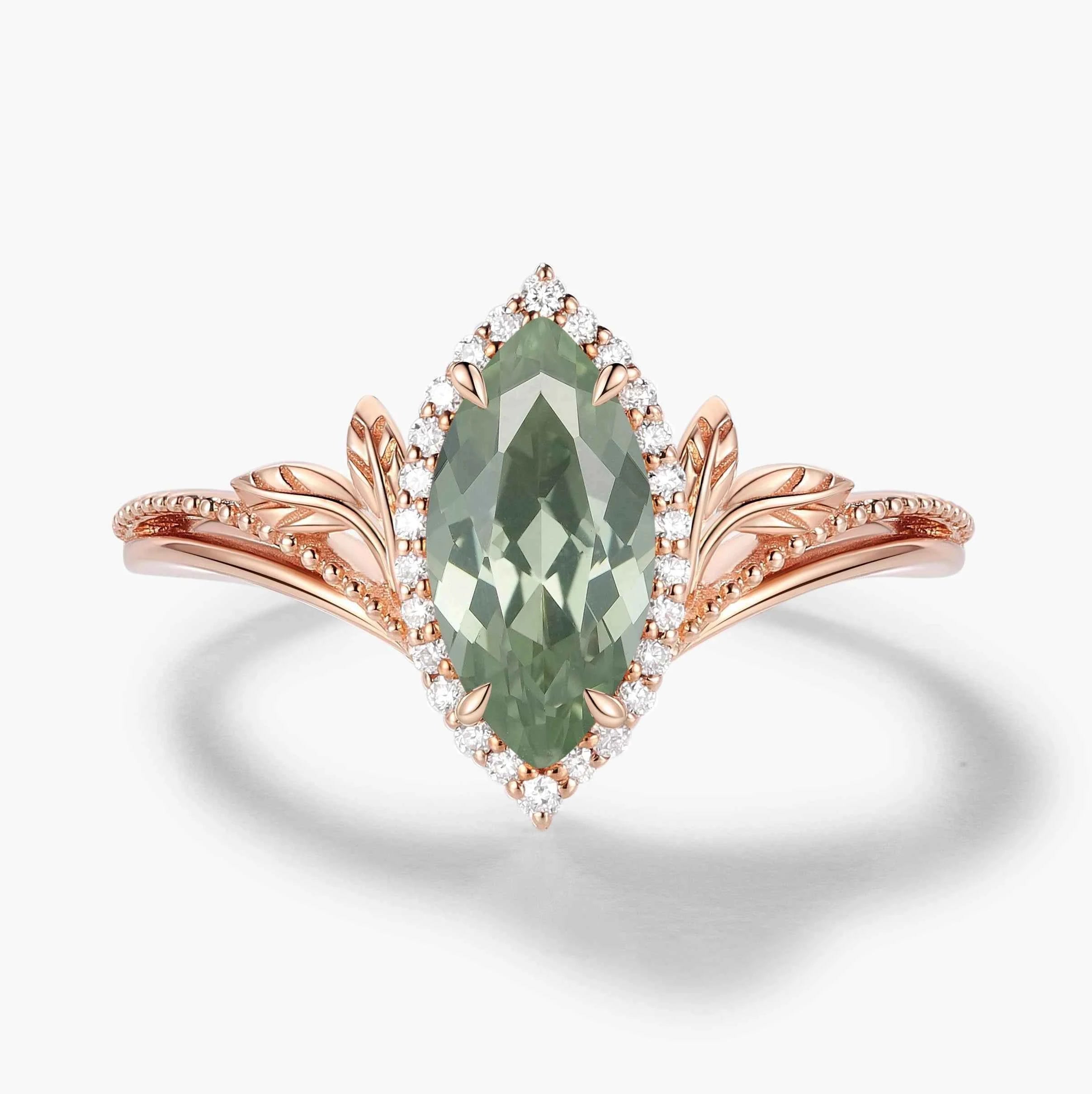 Nature-Inspired Marquise Green Sapphire Engagement Ring with Milgrain Halo & Wedding Band 2PCS