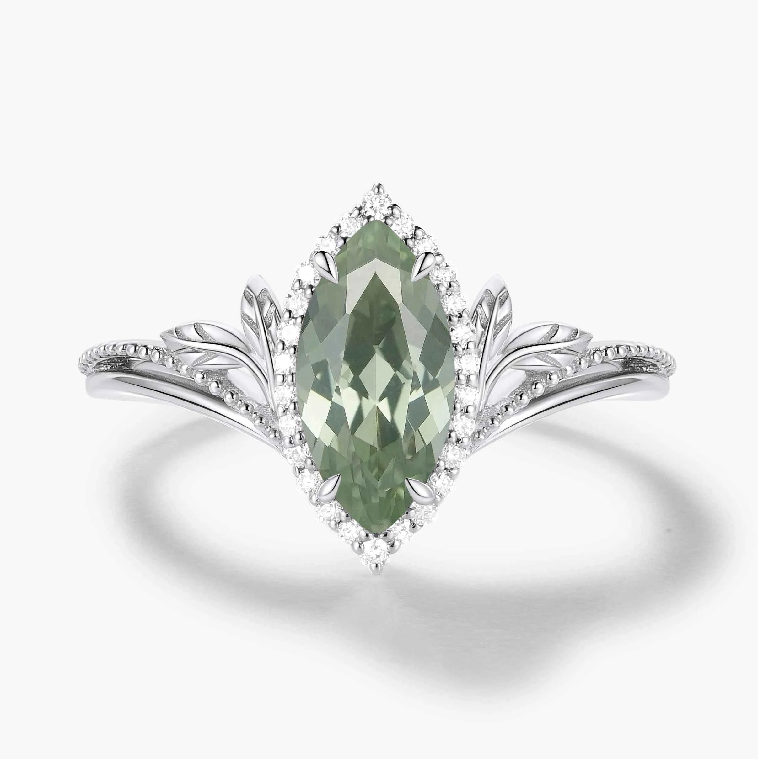 Nature-Inspired Marquise Green Sapphire Engagement Ring with Milgrain Halo & Wedding Band 2PCS