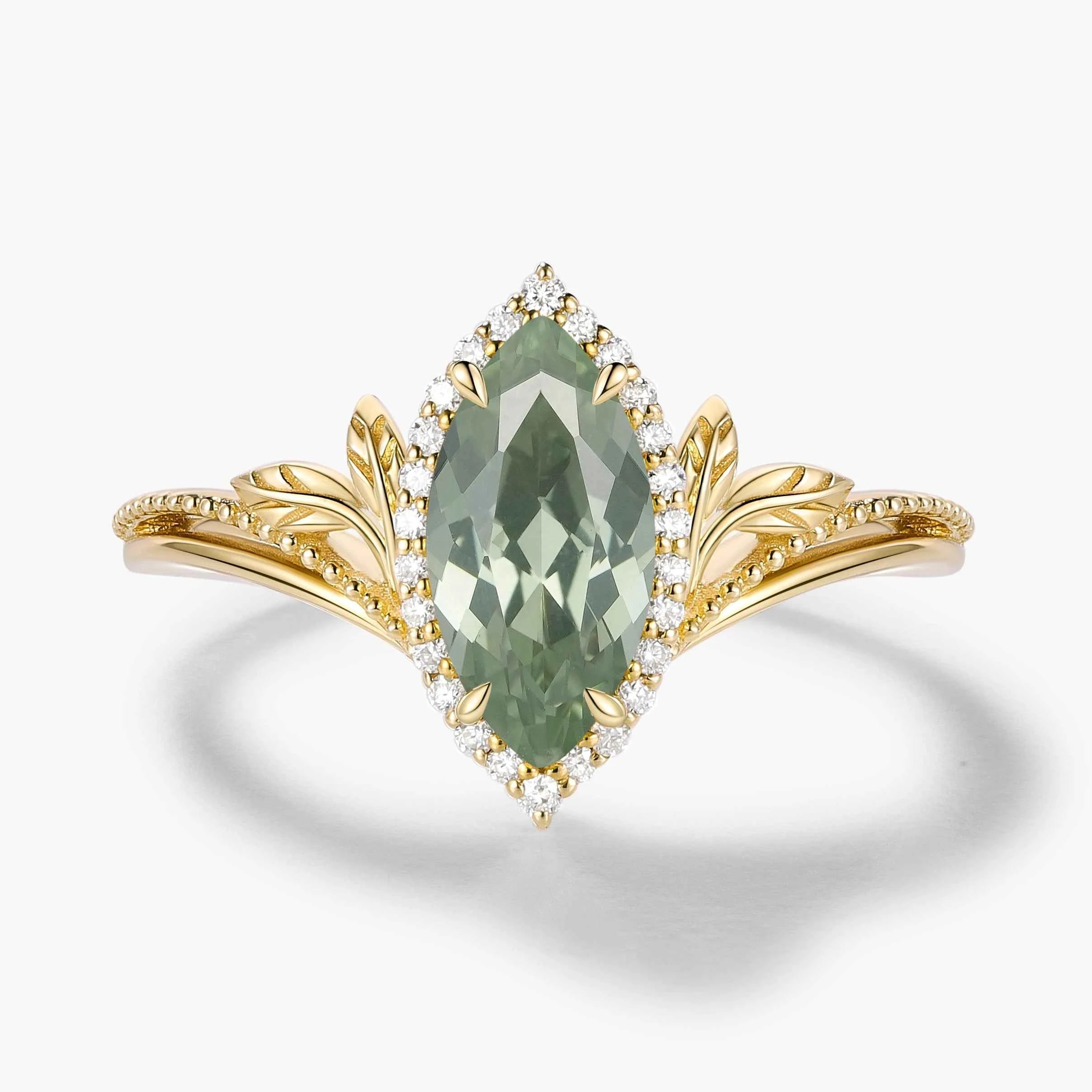 Nature-Inspired Marquise Green Sapphire Engagement Ring with Milgrain Halo