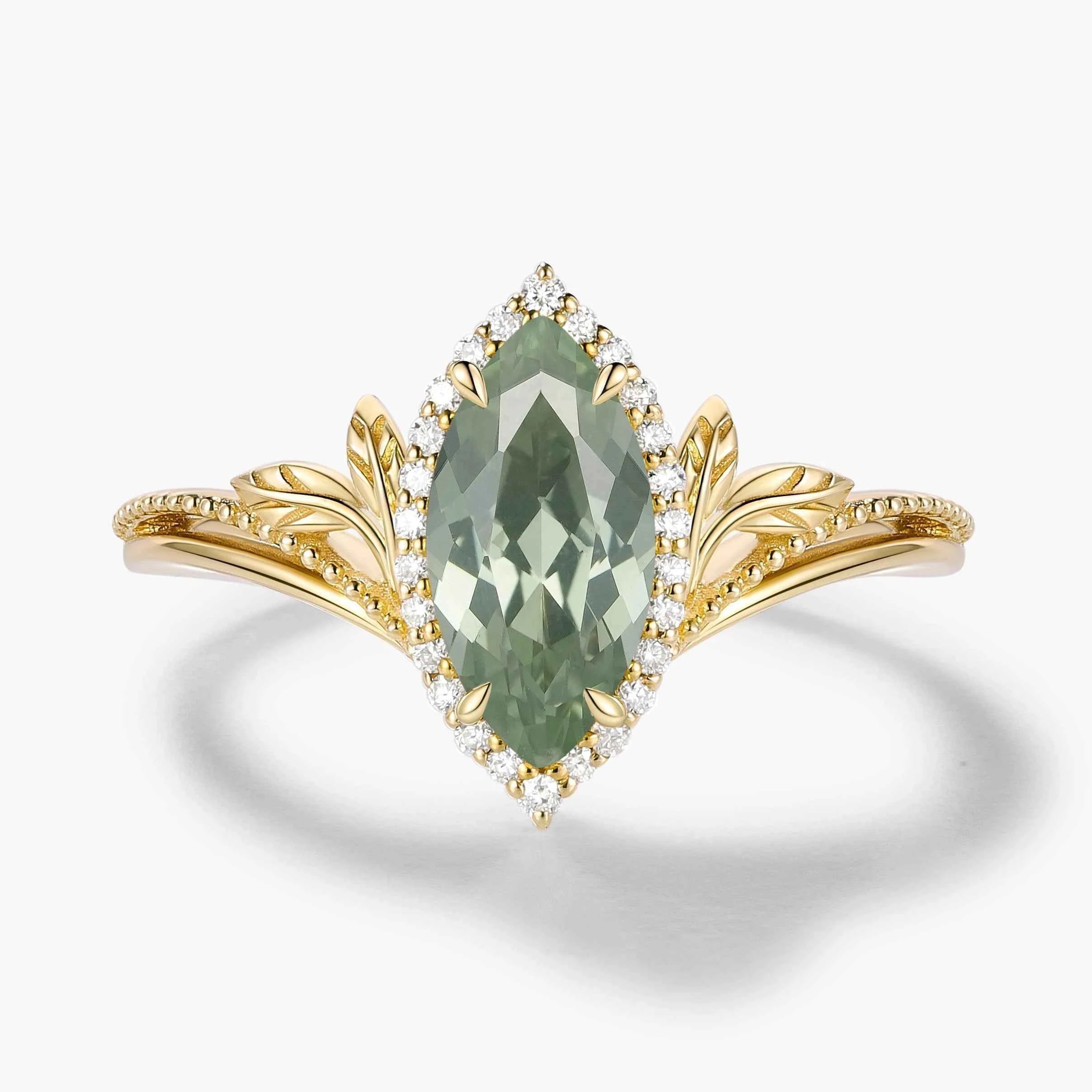 Nature-Inspired Marquise Green Sapphire Engagement Ring with Milgrain Halo & Wedding Band 2PCS