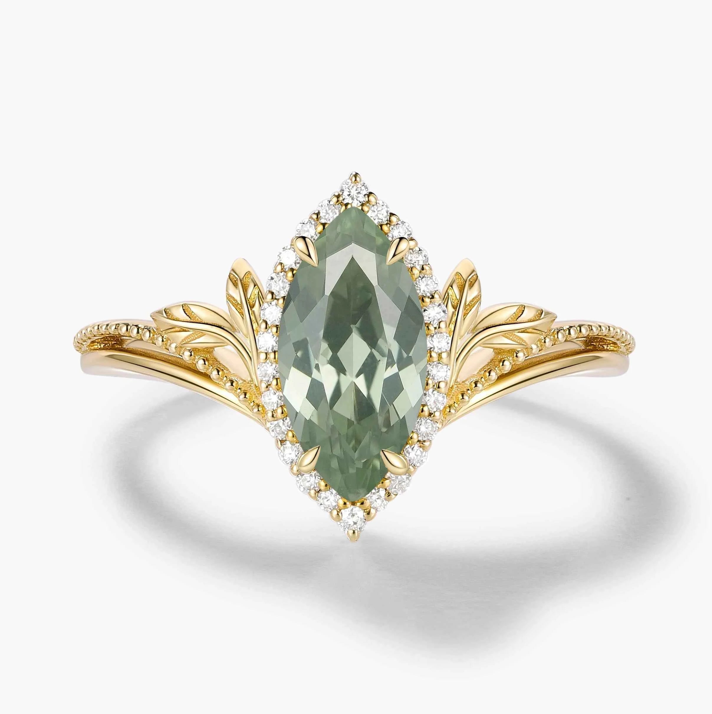 Nature-Inspired Marquise Green Sapphire Engagement Ring with Milgrain Halo & Wedding Band 2PCS