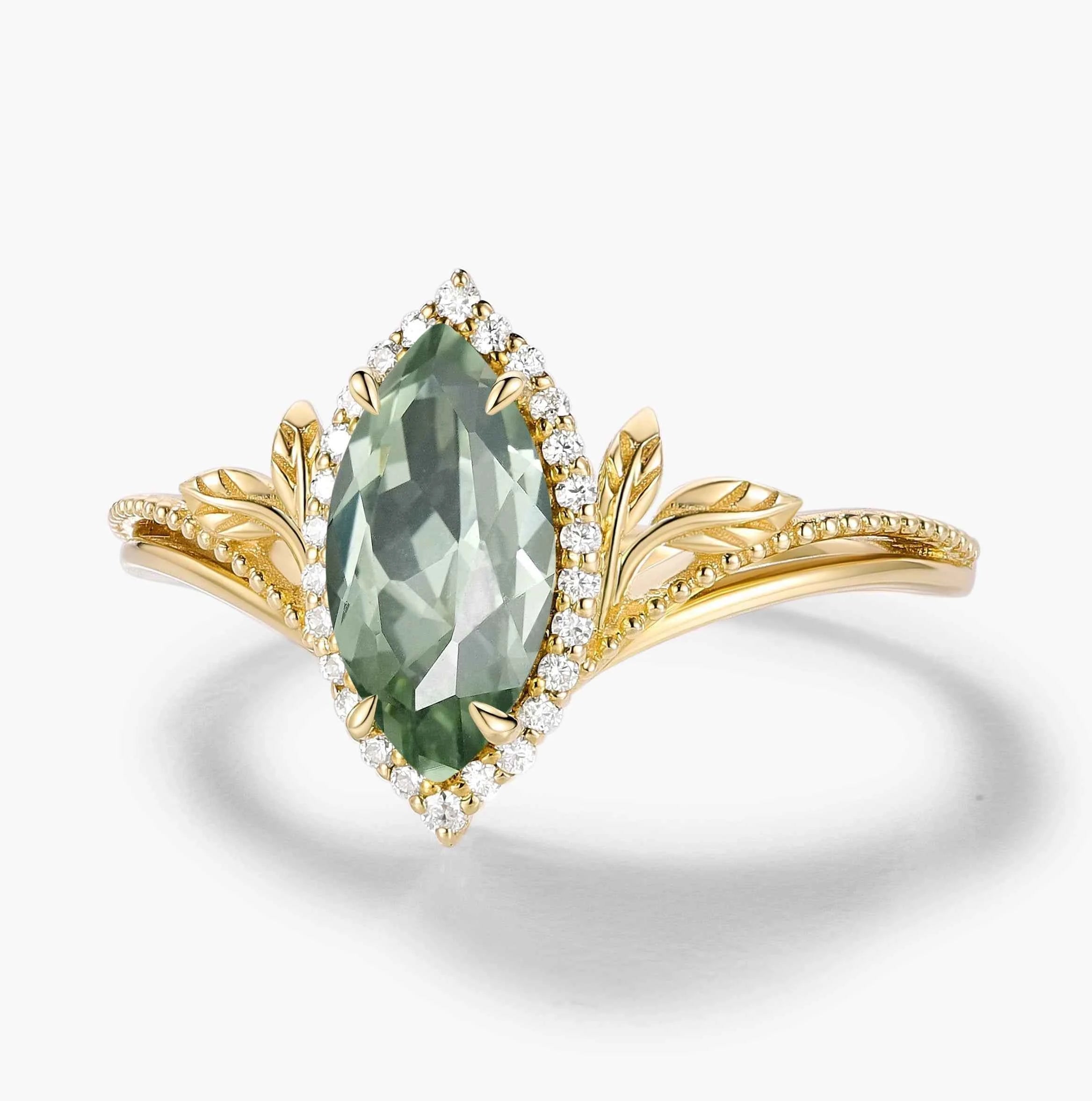Nature-Inspired Marquise Green Sapphire Engagement Ring with Milgrain Halo & Wedding Band 2PCS