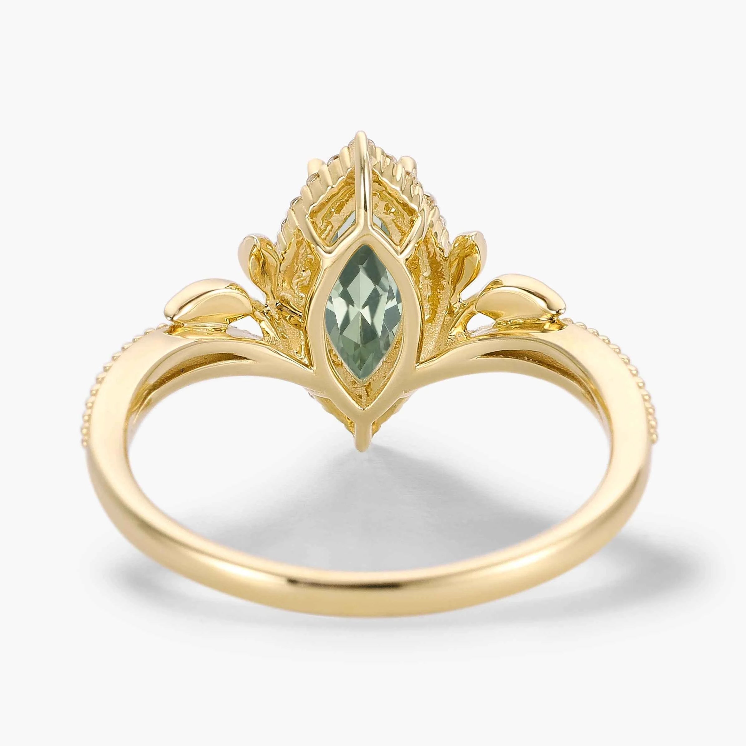 Nature-Inspired Marquise Green Sapphire Engagement Ring with Milgrain Halo