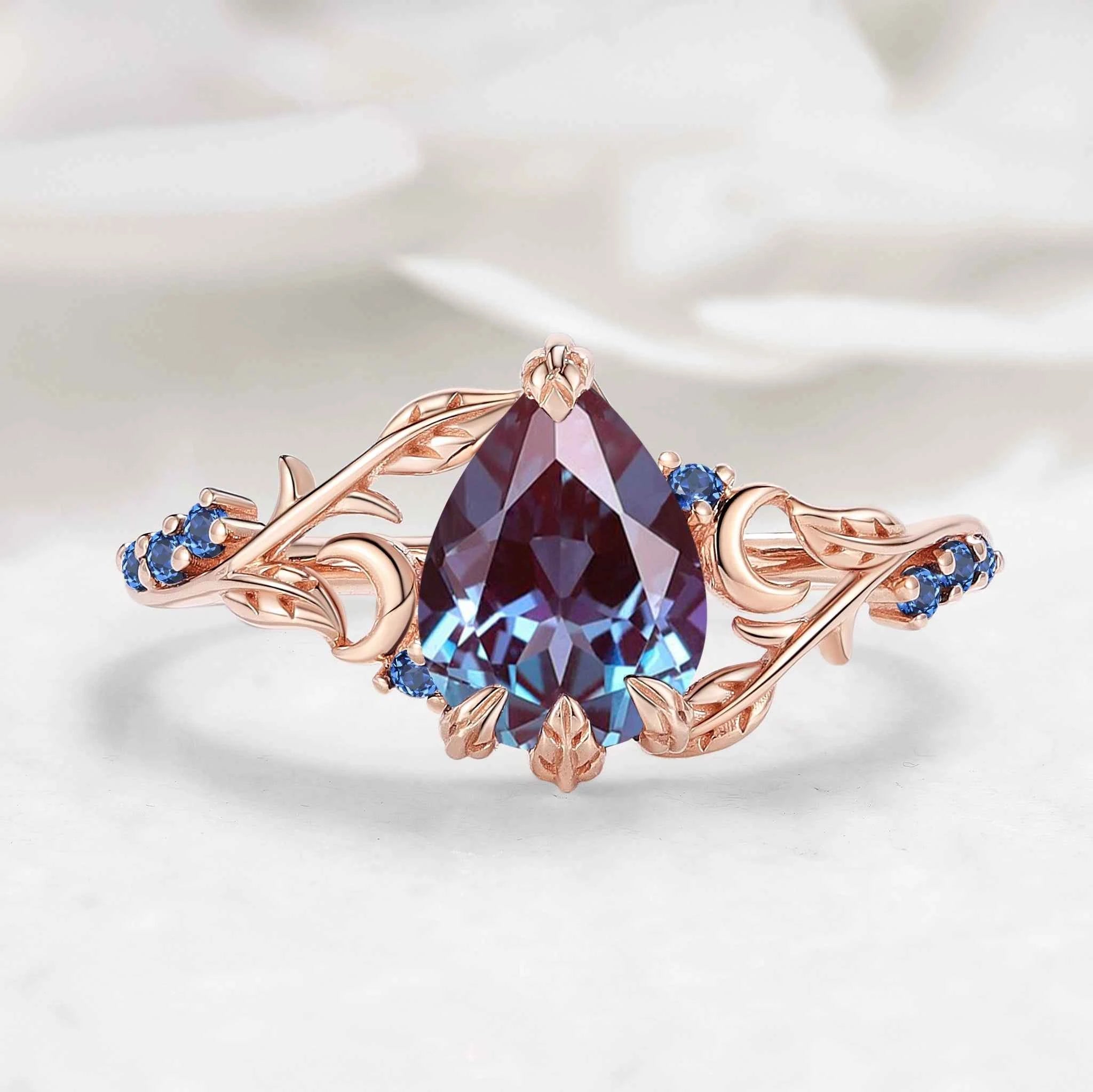 Nature Inspired Moon and Leaf Pear Cut Alexandrite Engagement Ring - Selene Leaf
