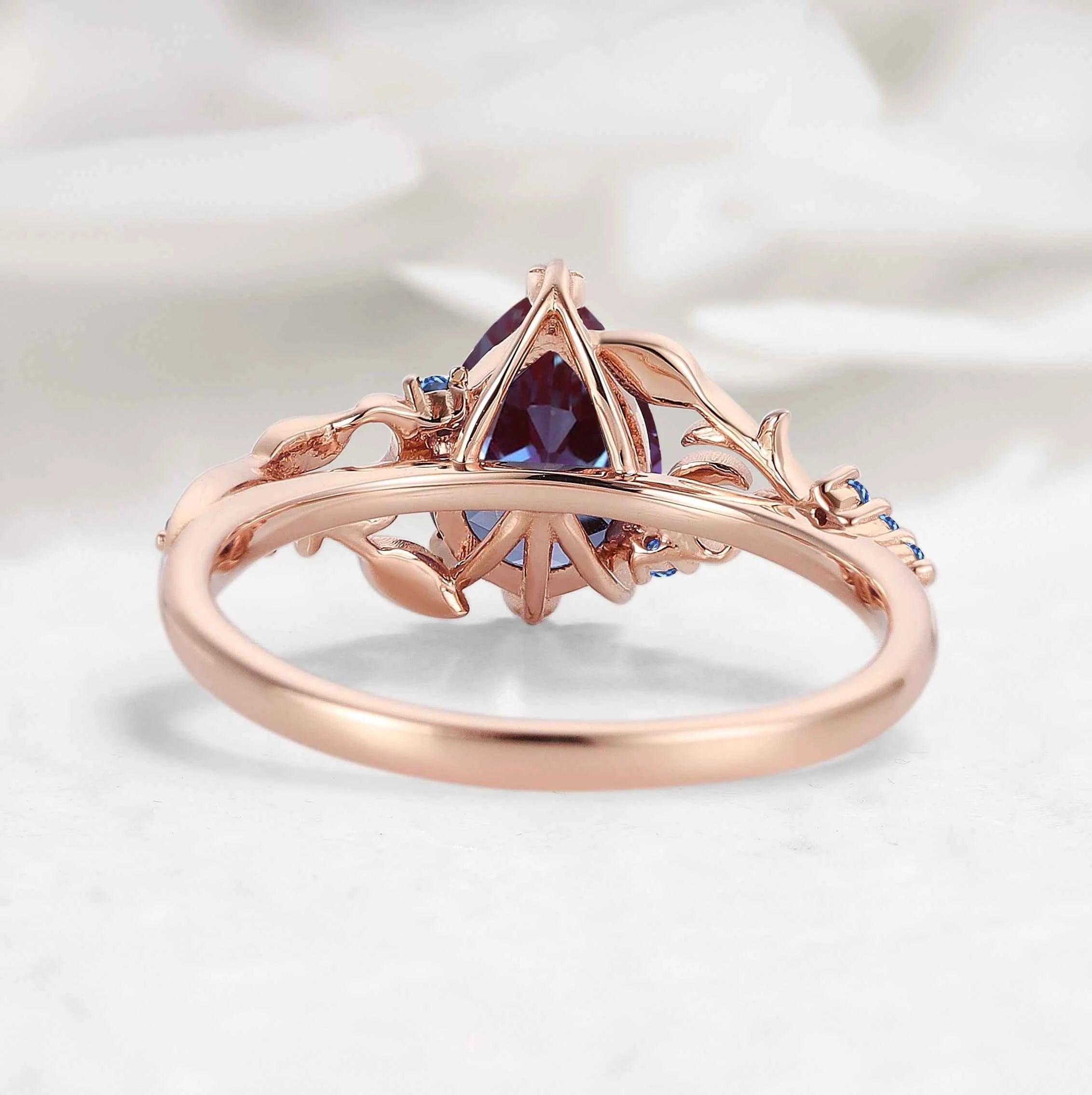 Nature Inspired Moon and Leaf Pear Cut Alexandrite Engagement Ring - Selene Leaf