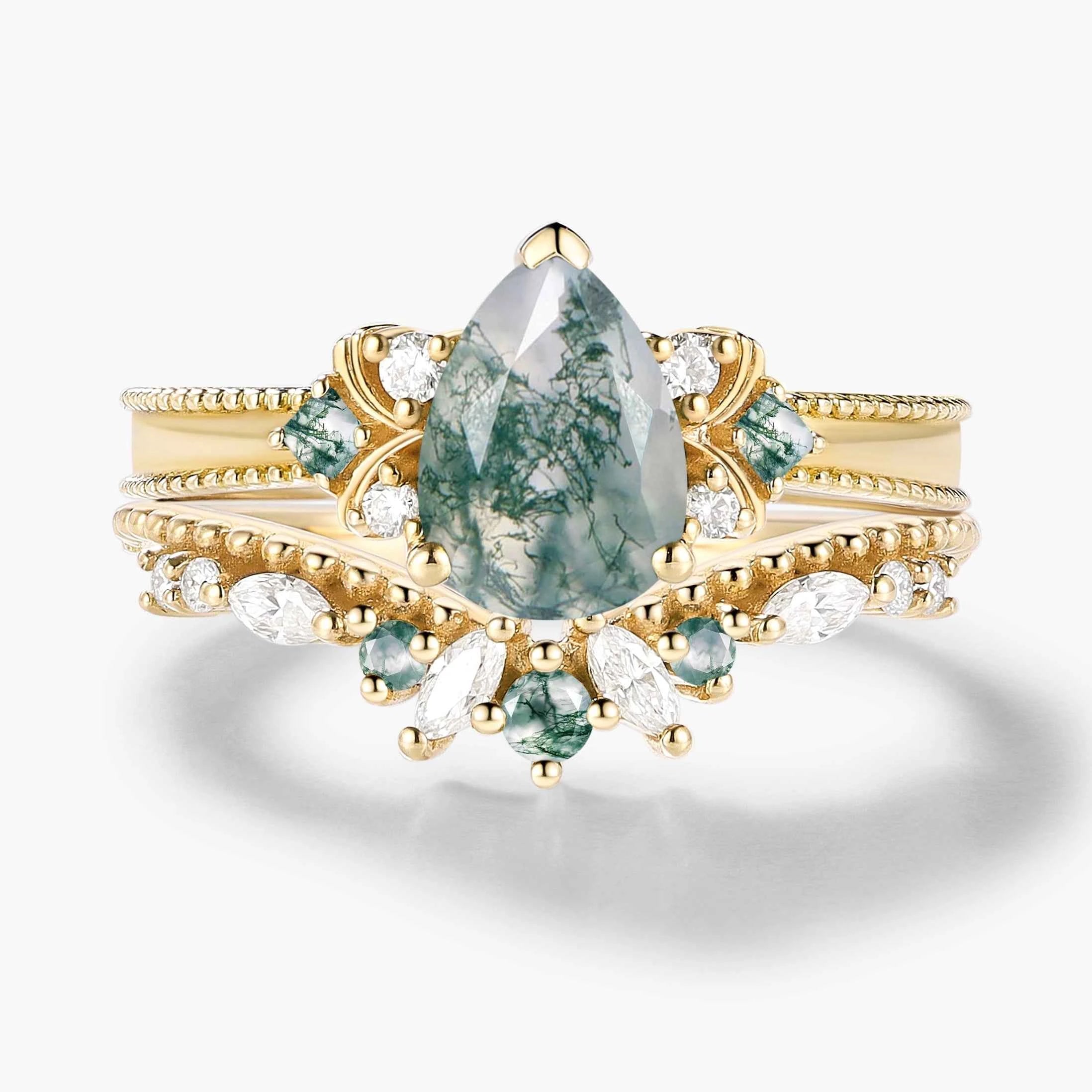 Vintage Beaded Pear Cut Moss Agate Engagement Ring Bridal Set