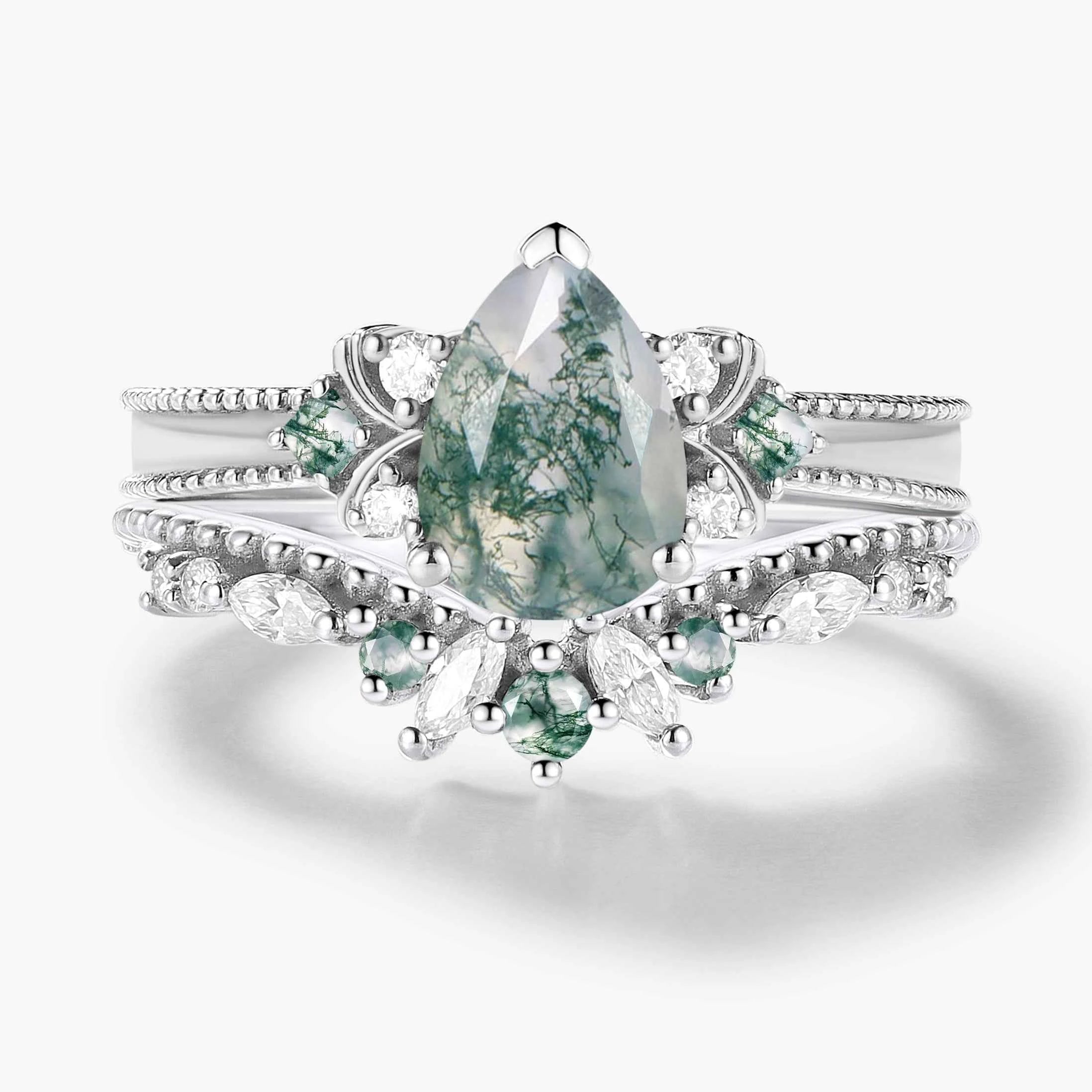 Vintage Beaded Pear Cut Moss Agate Engagement Ring Bridal Set