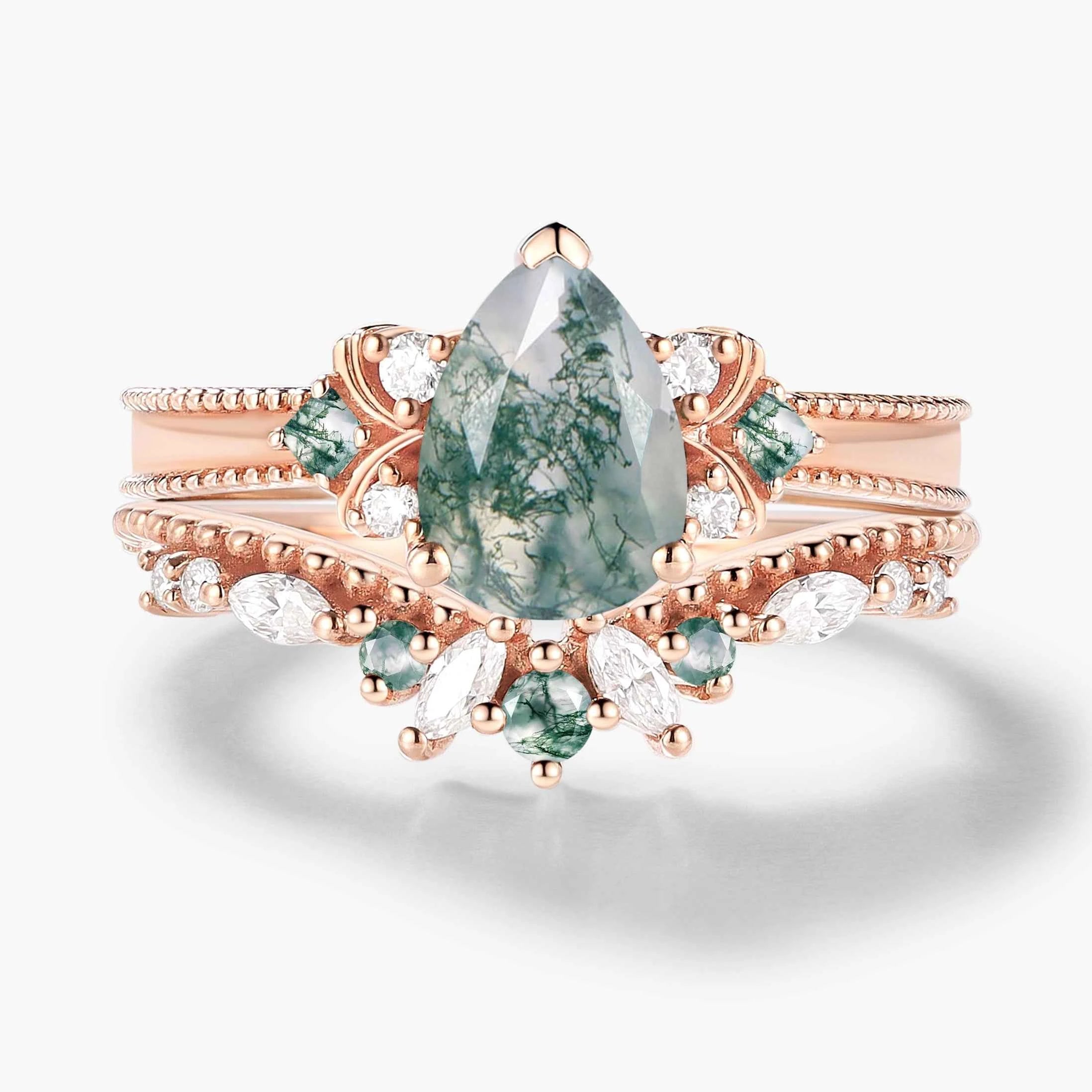 Vintage Beaded Pear Cut Moss Agate Engagement Ring Bridal Set