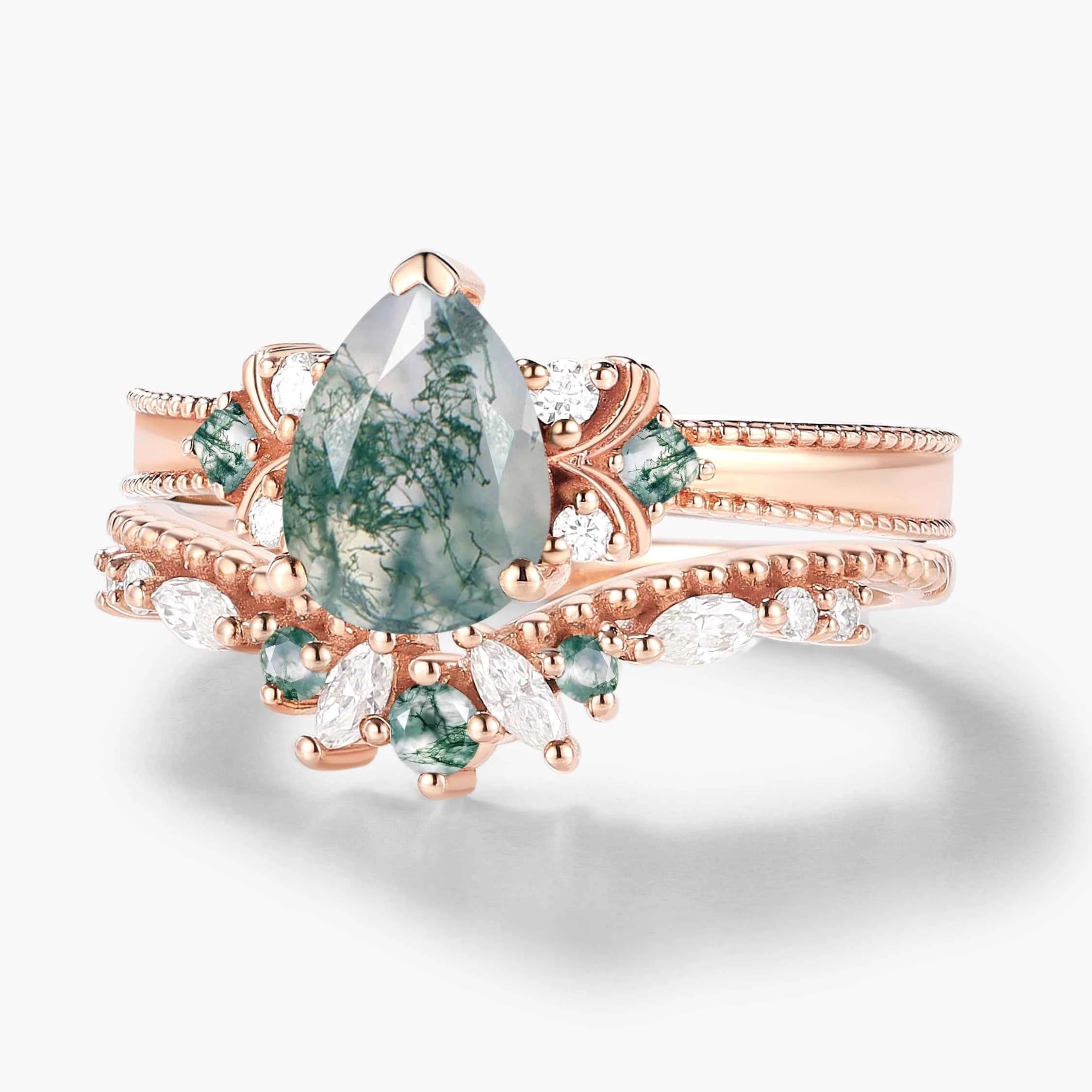 Vintage Beaded Pear Cut Moss Agate Engagement Ring Bridal Set