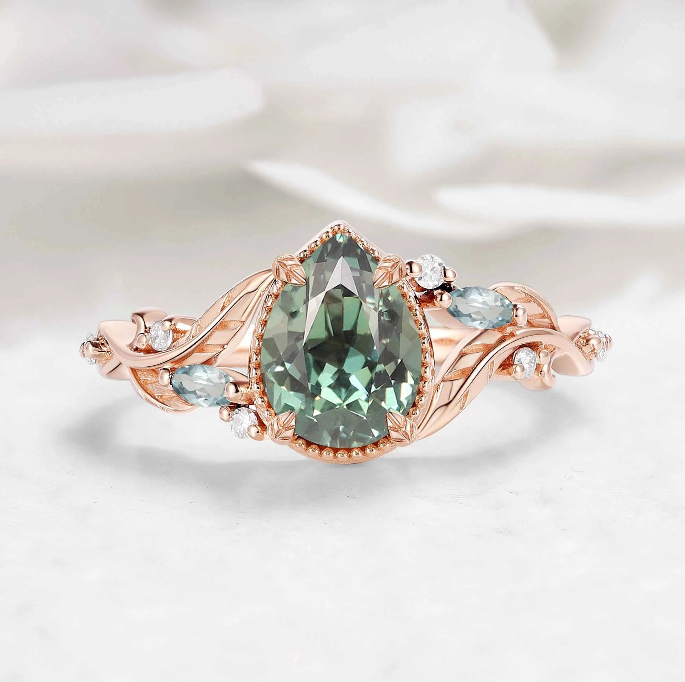 Nature-Inspired Leaf Vintage Bezel Pear Cut Green Sapphire Engagement Ring - Elowen