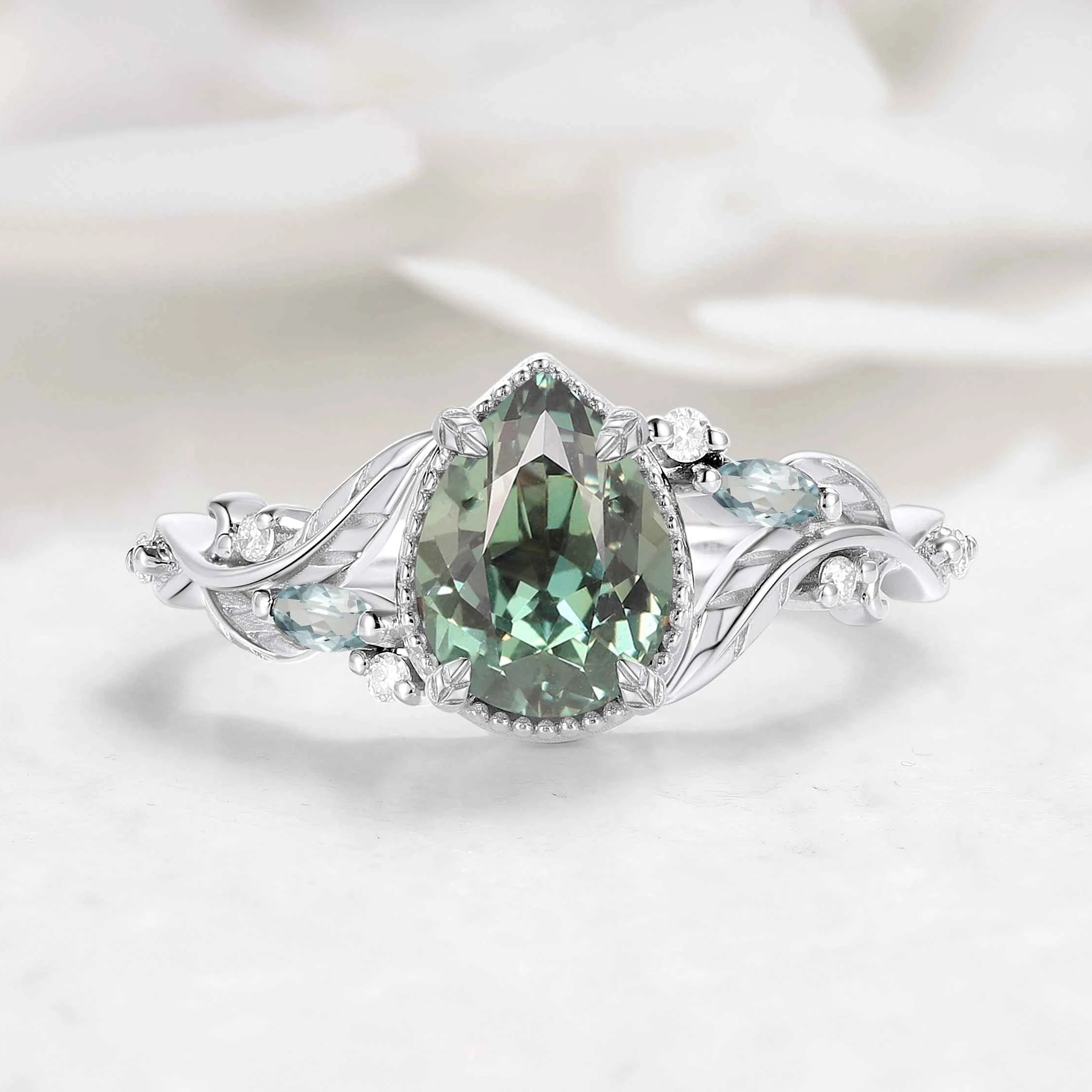 Nature-Inspired Leaf Vintage Bezel Pear Cut Green Sapphire Engagement Ring - Elowen