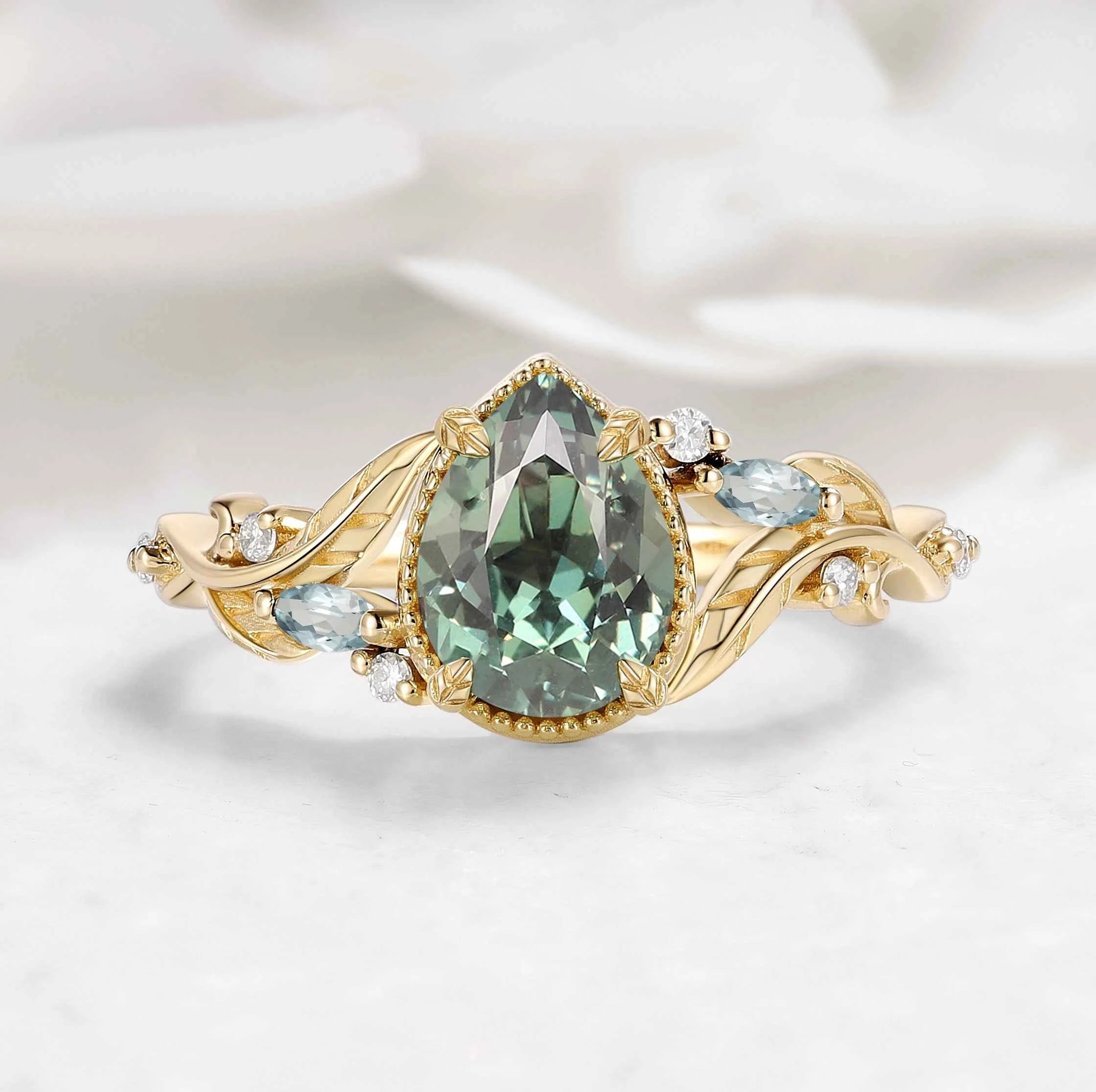 Nature-Inspired Leaf Vintage Bezel Pear Cut Green Sapphire Engagement Ring - Elowen