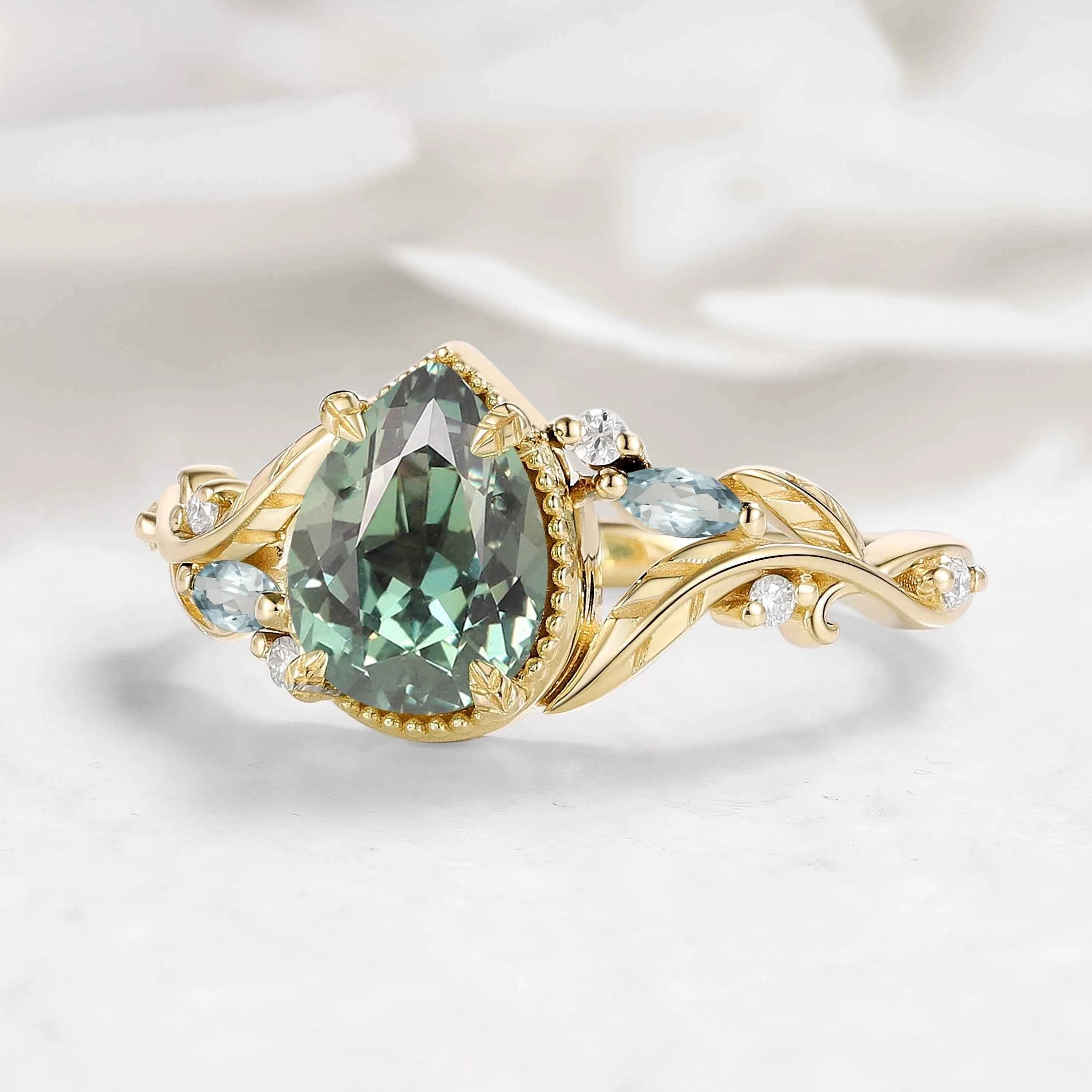 Nature-Inspired Leaf Vintage Bezel Pear Cut Green Sapphire Engagement Ring - Elowen