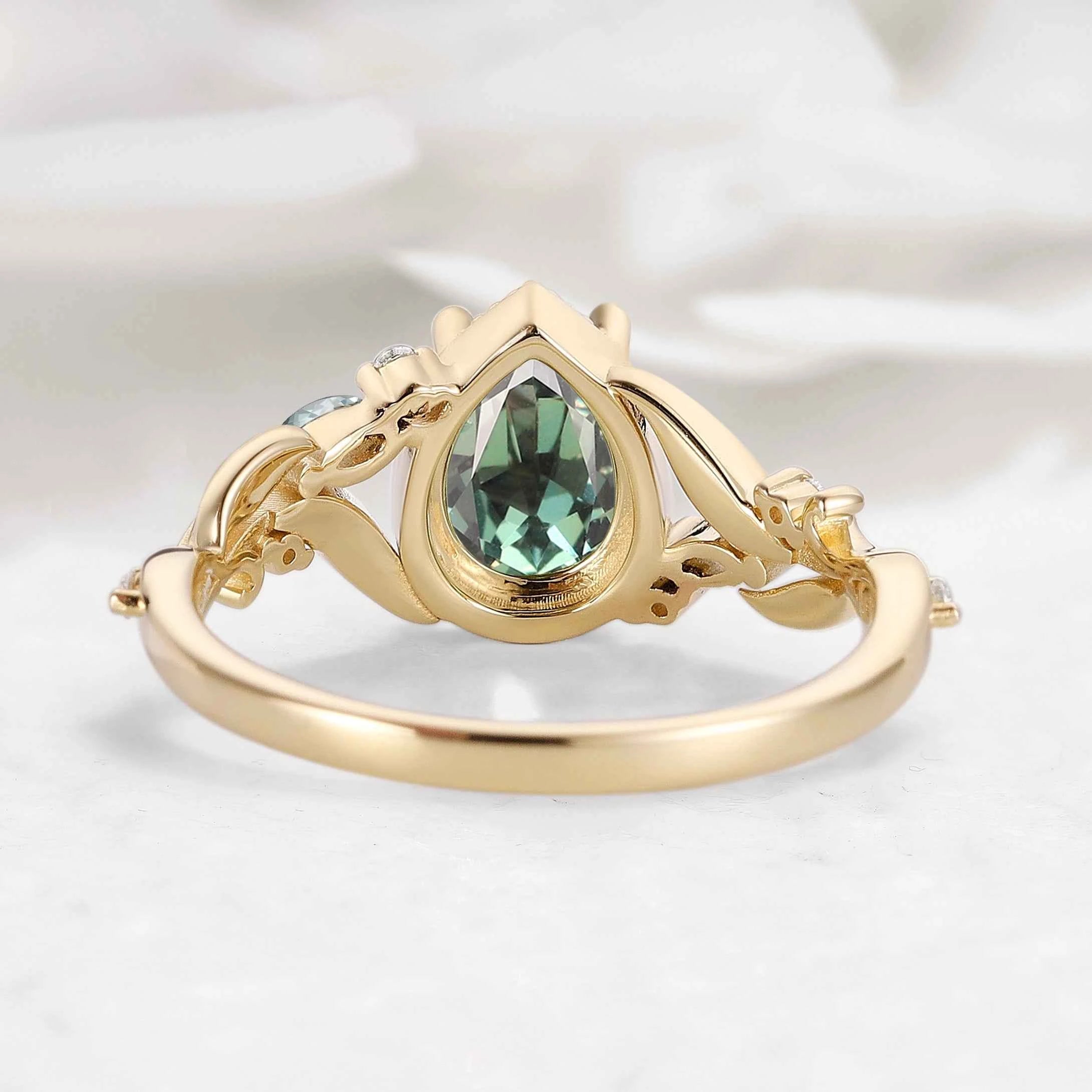 Nature-Inspired Leaf Vintage Bezel Pear Cut Green Sapphire Engagement Ring - Elowen