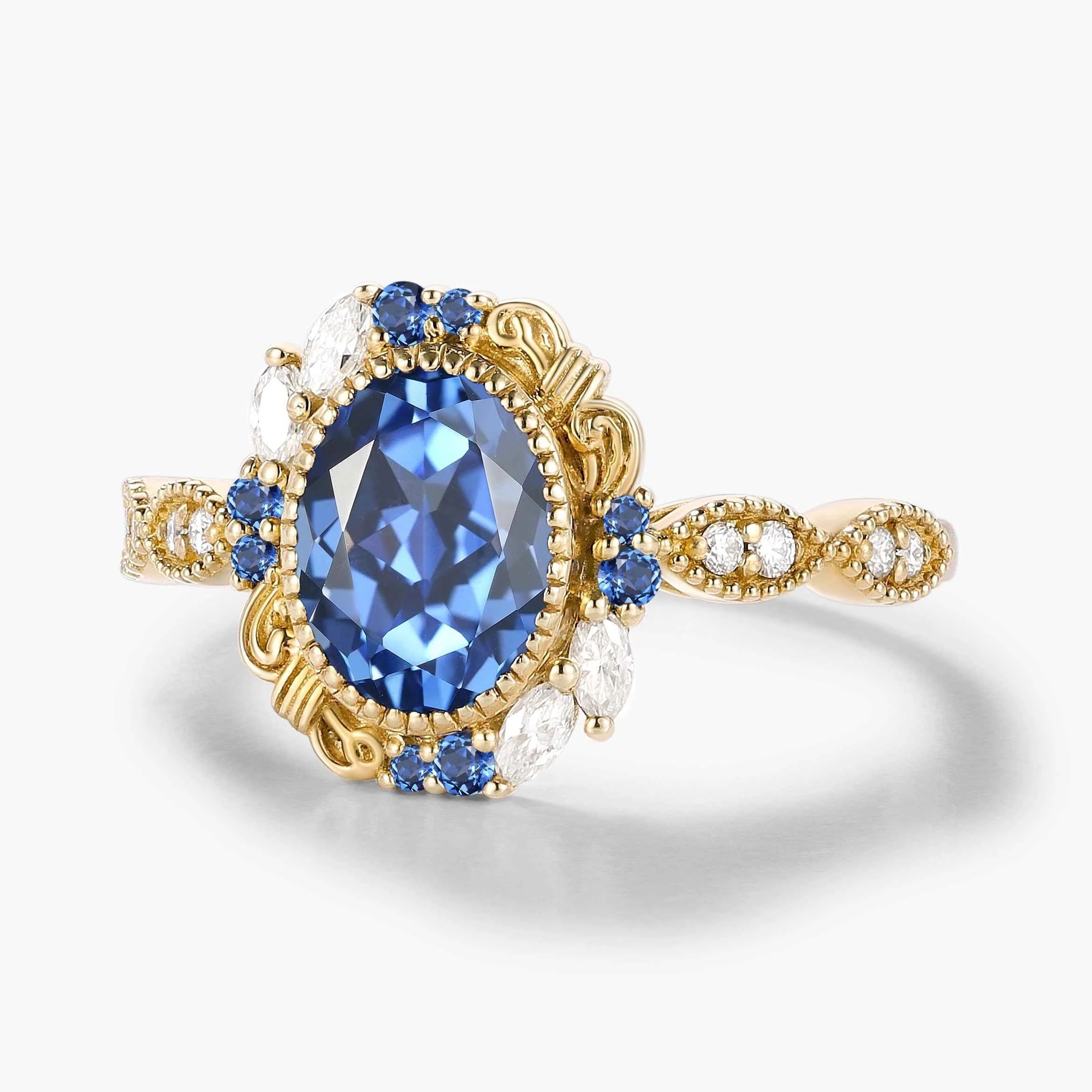 Vintage Bezel Oval Cut Royal Blue Sapphire Engagement Ring