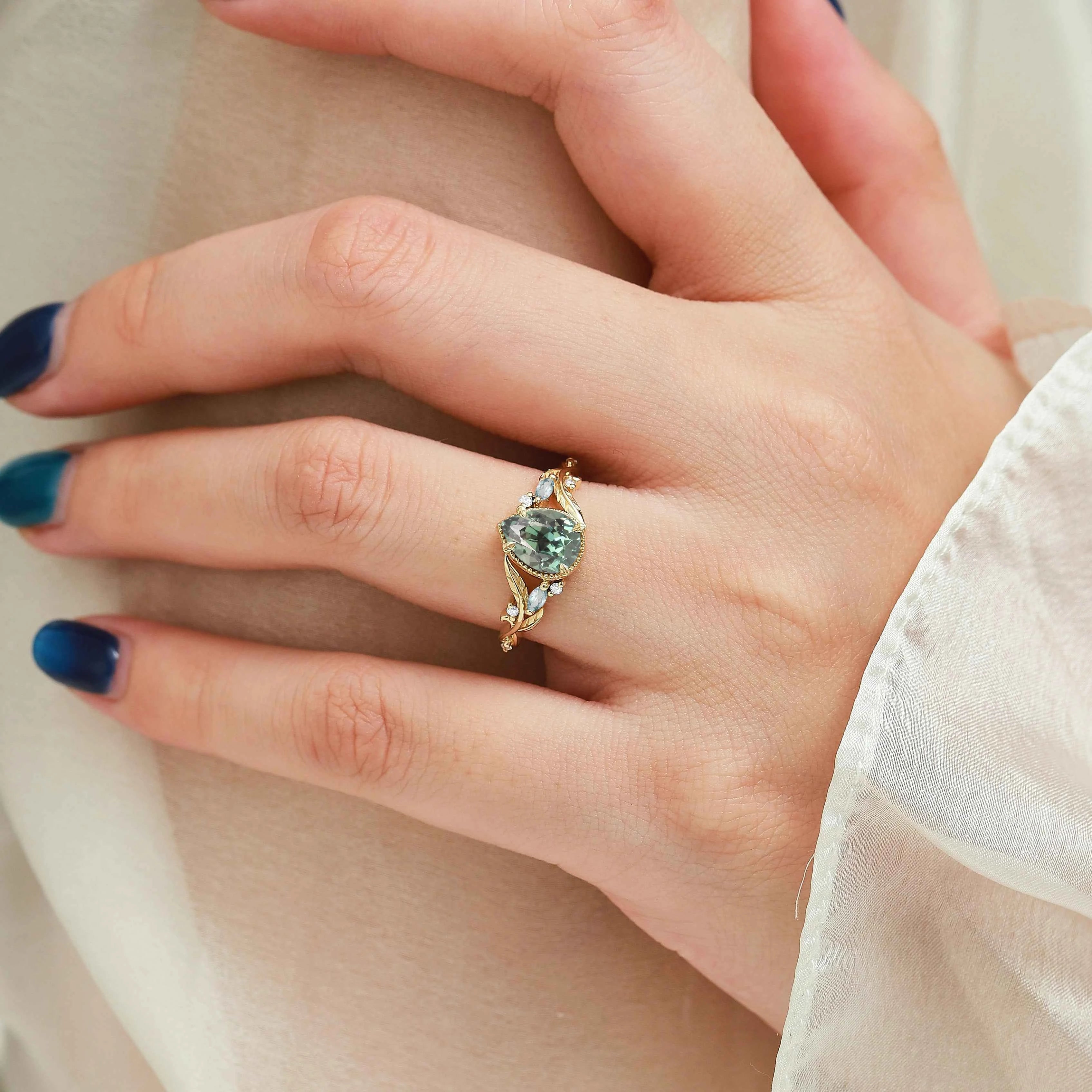 Nature-Inspired Leaf Vintage Bezel Pear Cut Green Sapphire Engagement Ring - Elowen