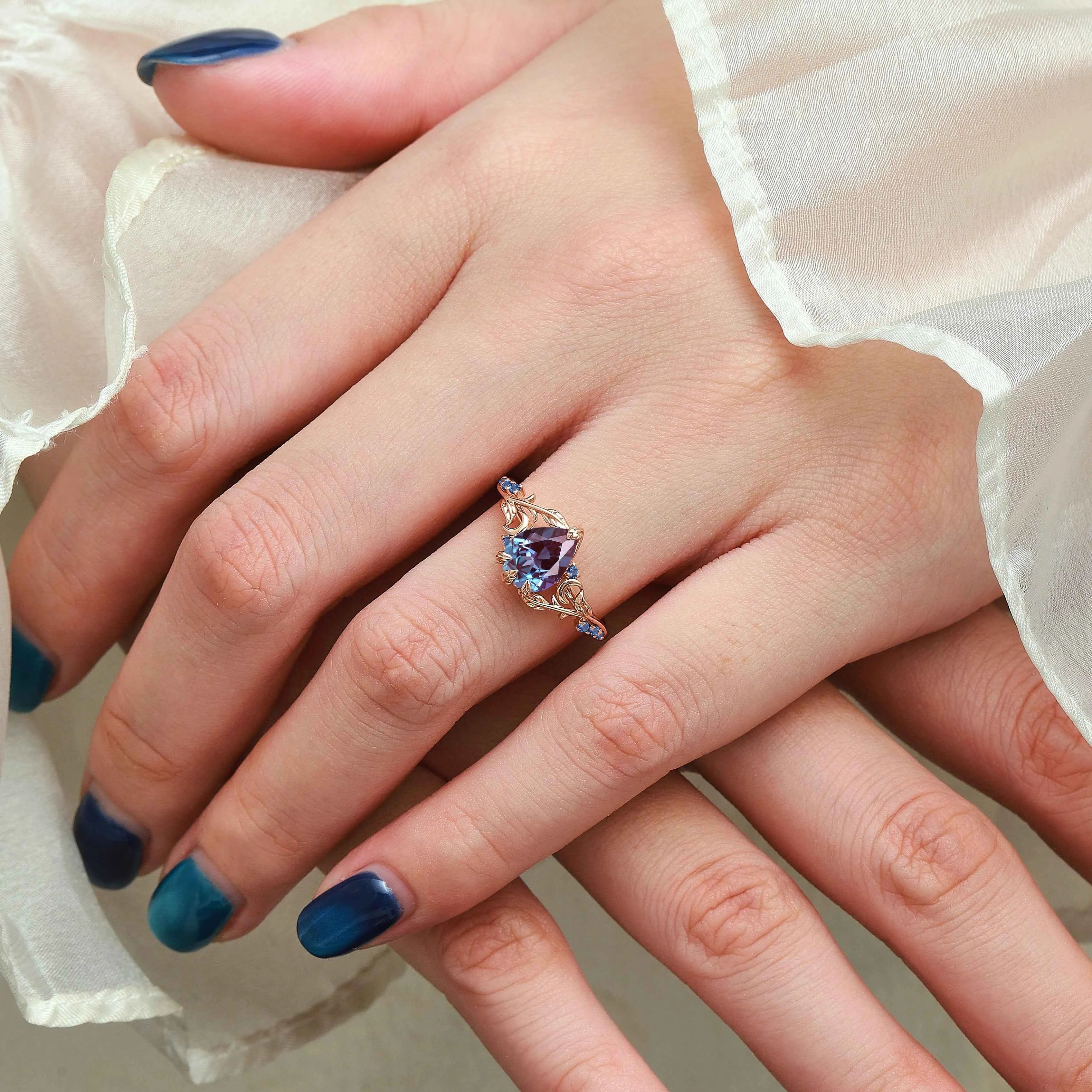 Nature Inspired Moon and Leaf Pear Cut Alexandrite Engagement Ring - Selene Leaf