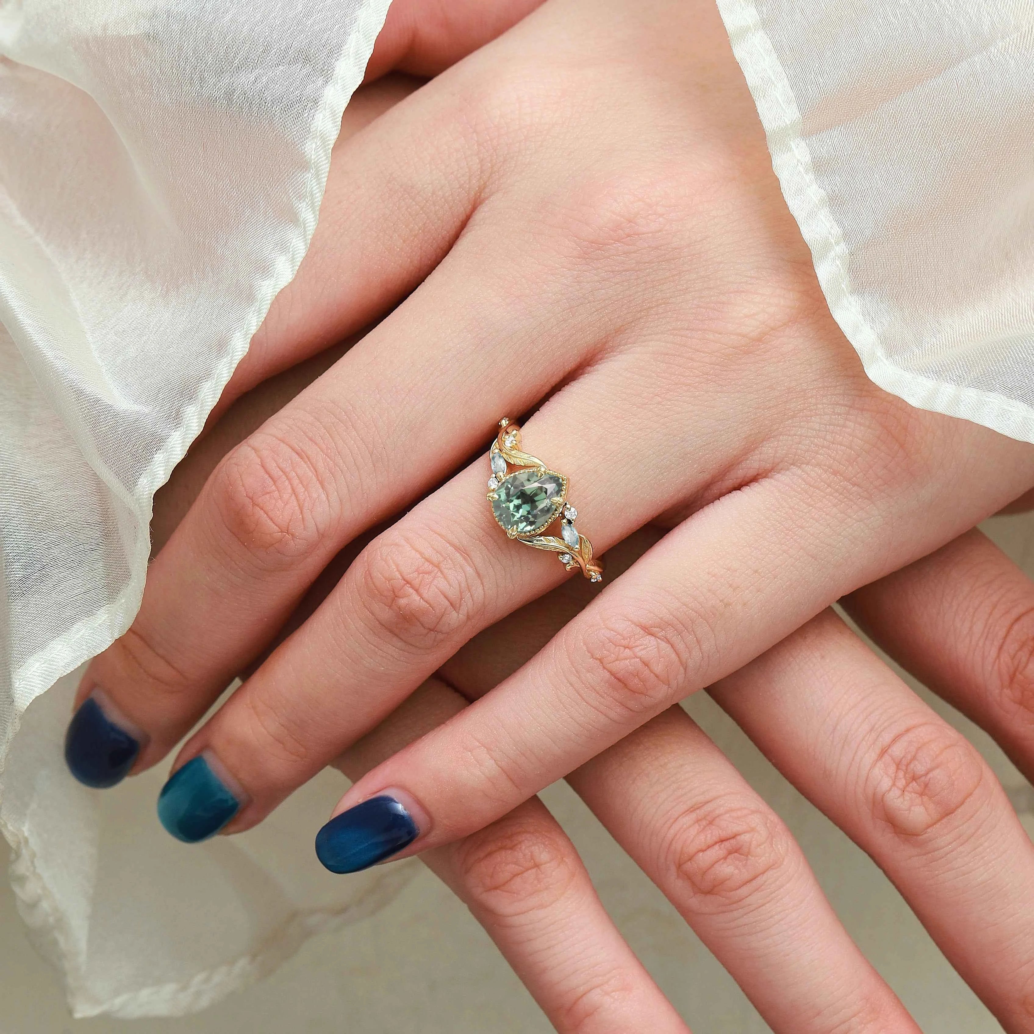 Nature-Inspired Leaf Vintage Bezel Pear Cut Green Sapphire Engagement Ring - Elowen