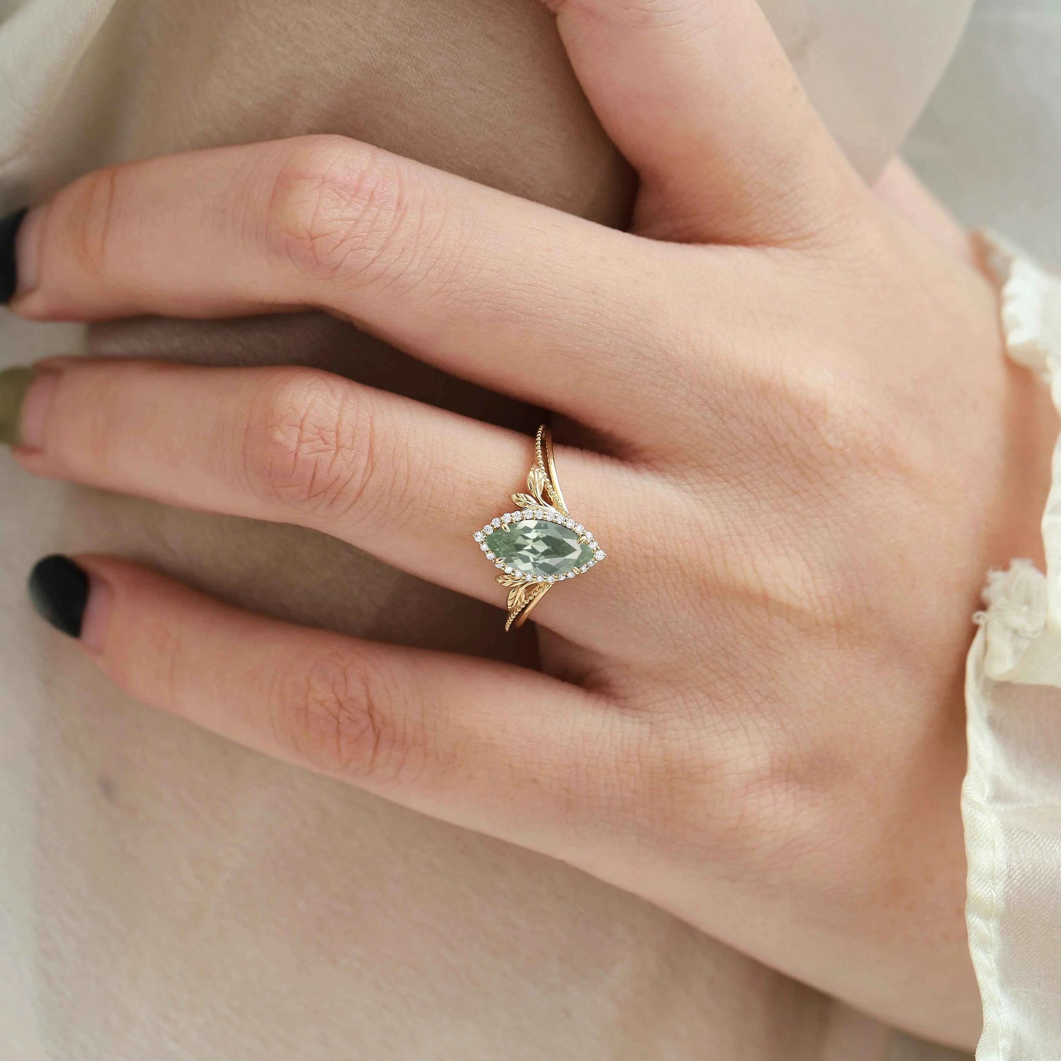 Nature-Inspired Marquise Green Sapphire Engagement Ring with Milgrain Halo & Wedding Band 2PCS