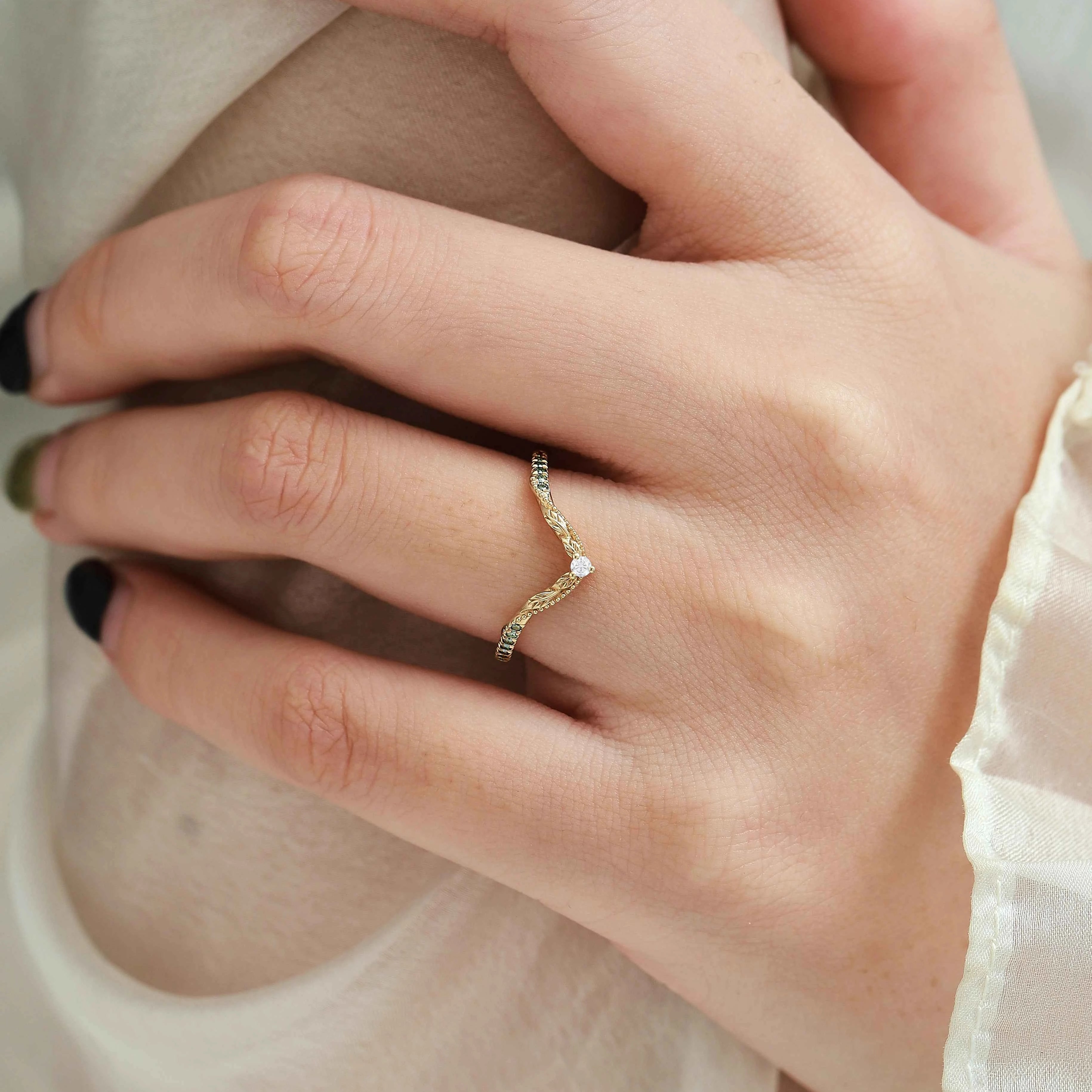 Vintage Nature Inspired Lab Diamond Curved Wedding Band - Vivienne For Jake