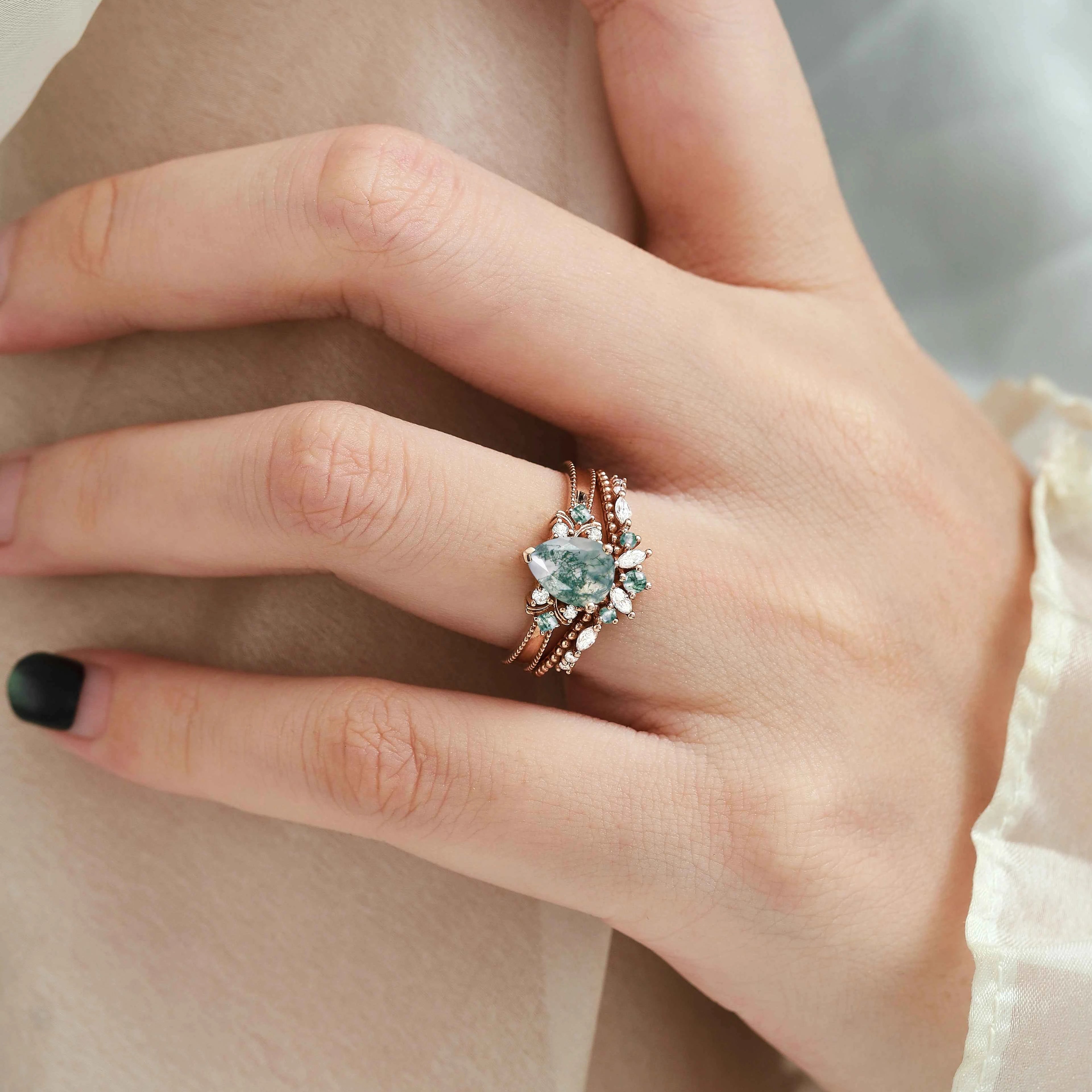 Vintage Beaded Pear Cut Moss Agate Engagement Ring Bridal Set