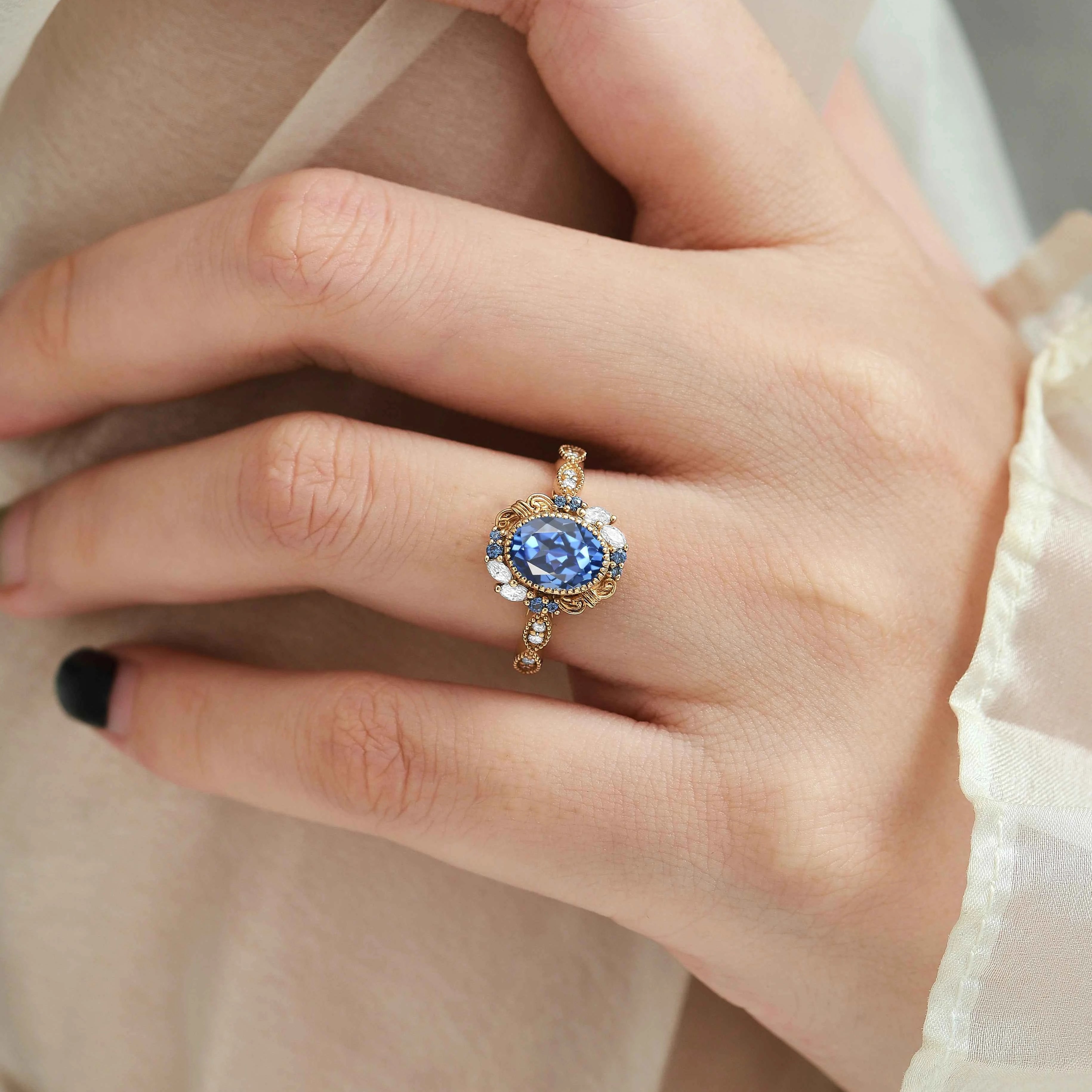 Vintage Bezel Oval Cut Royal Blue Sapphire Engagement Ring