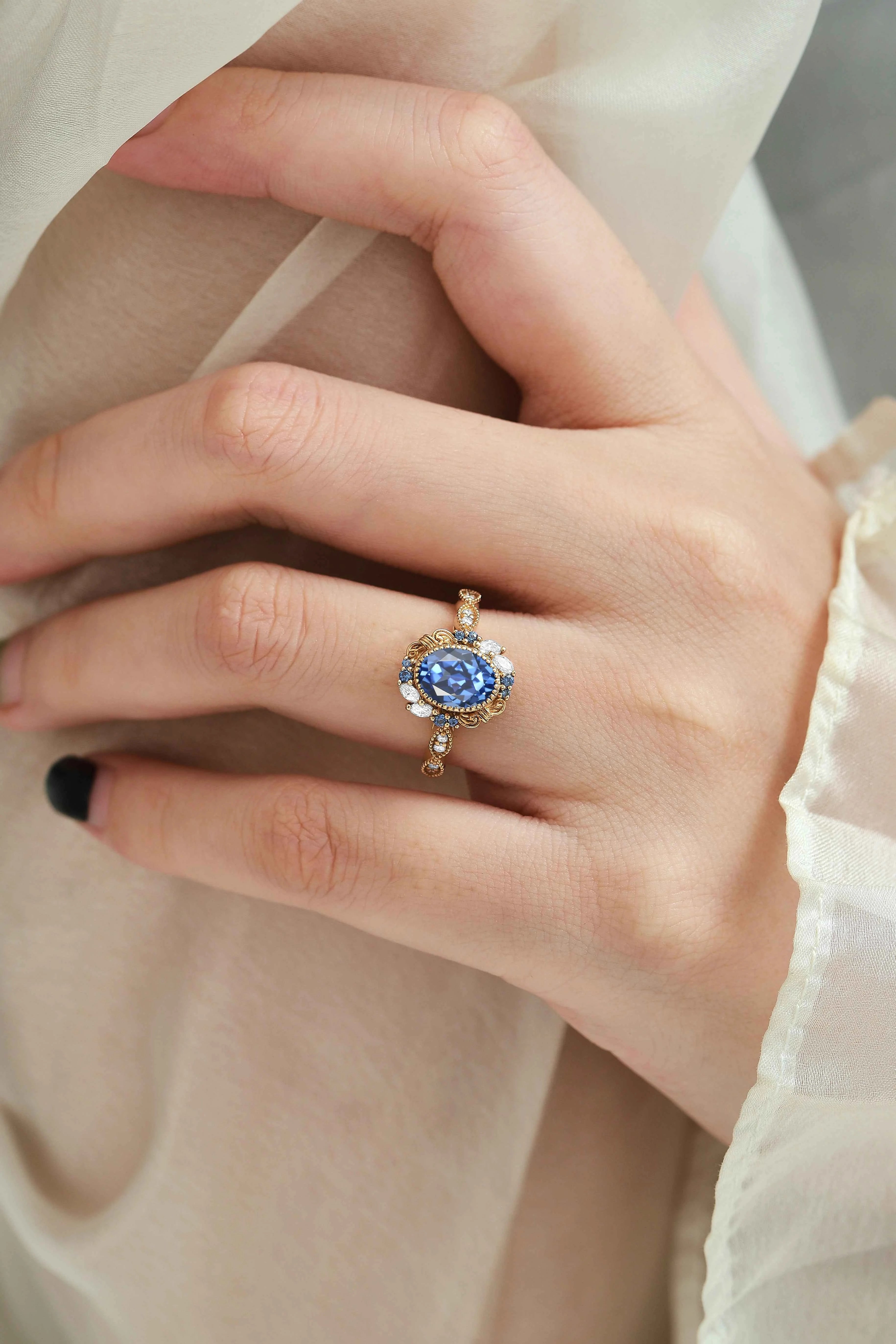 Vintage Bezel Oval Cut Royal Blue Sapphire Engagement Ring