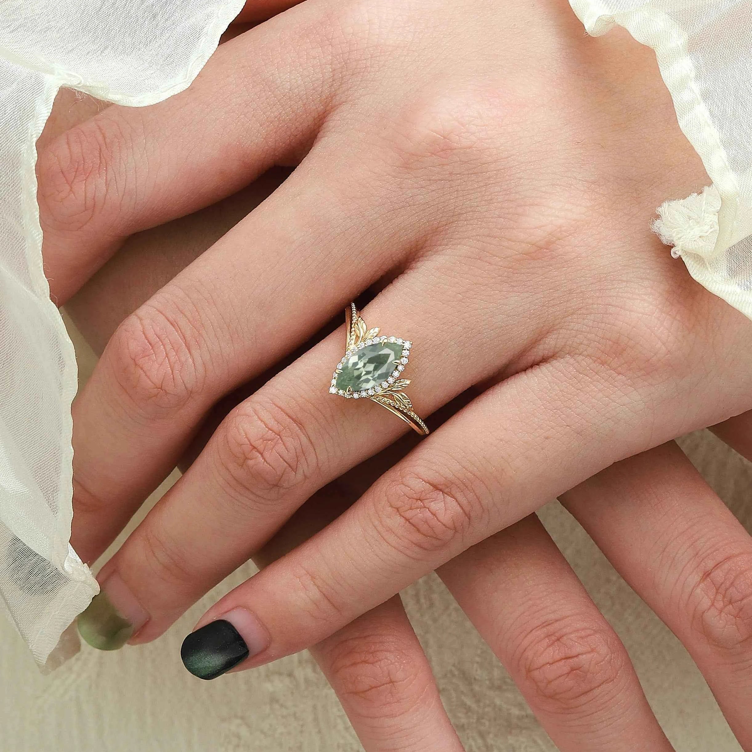 Nature-Inspired Marquise Green Sapphire Engagement Ring with Milgrain Halo & Wedding Band 2PCS