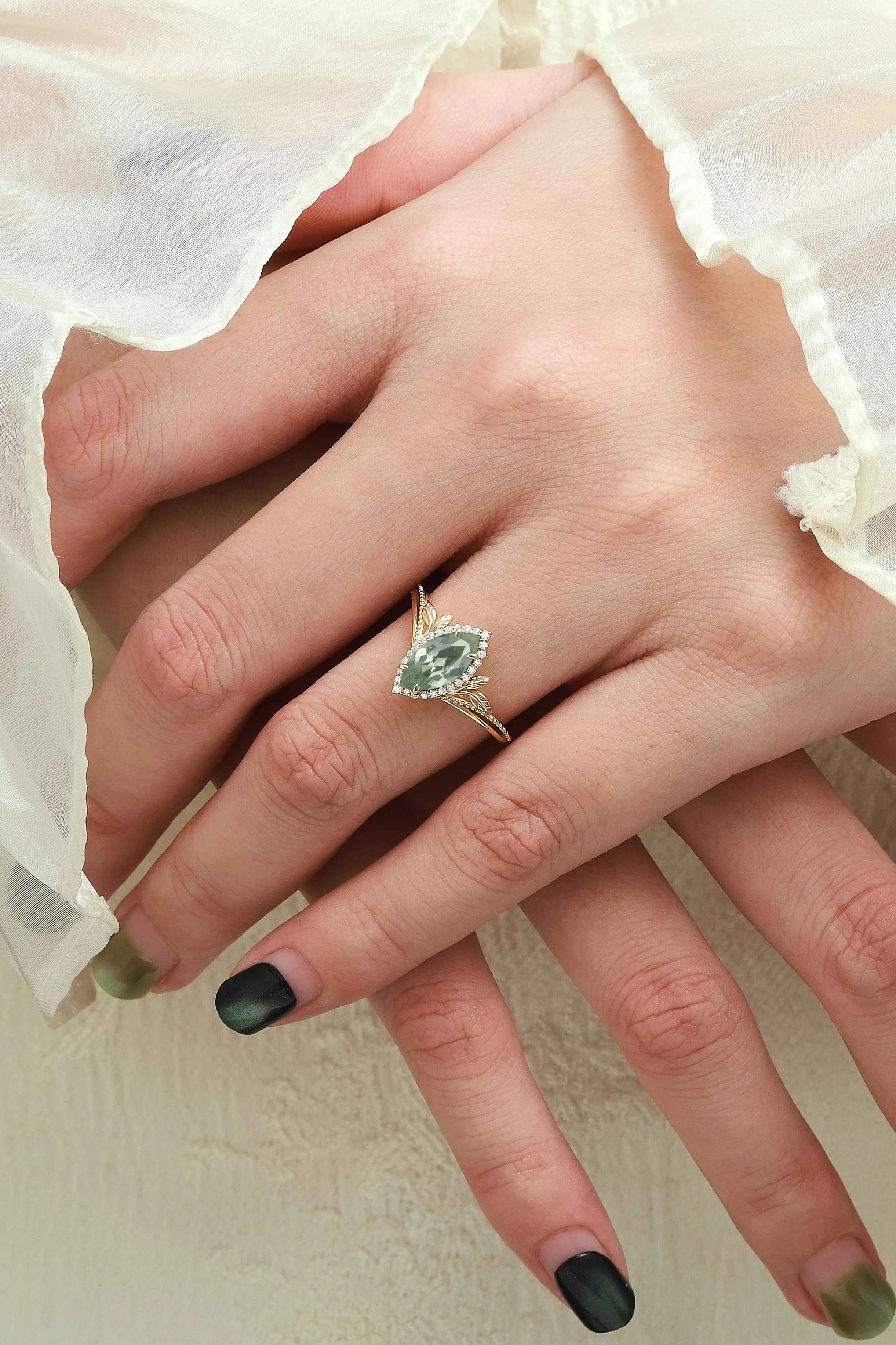 Nature-Inspired Marquise Green Sapphire Engagement Ring with Milgrain Halo