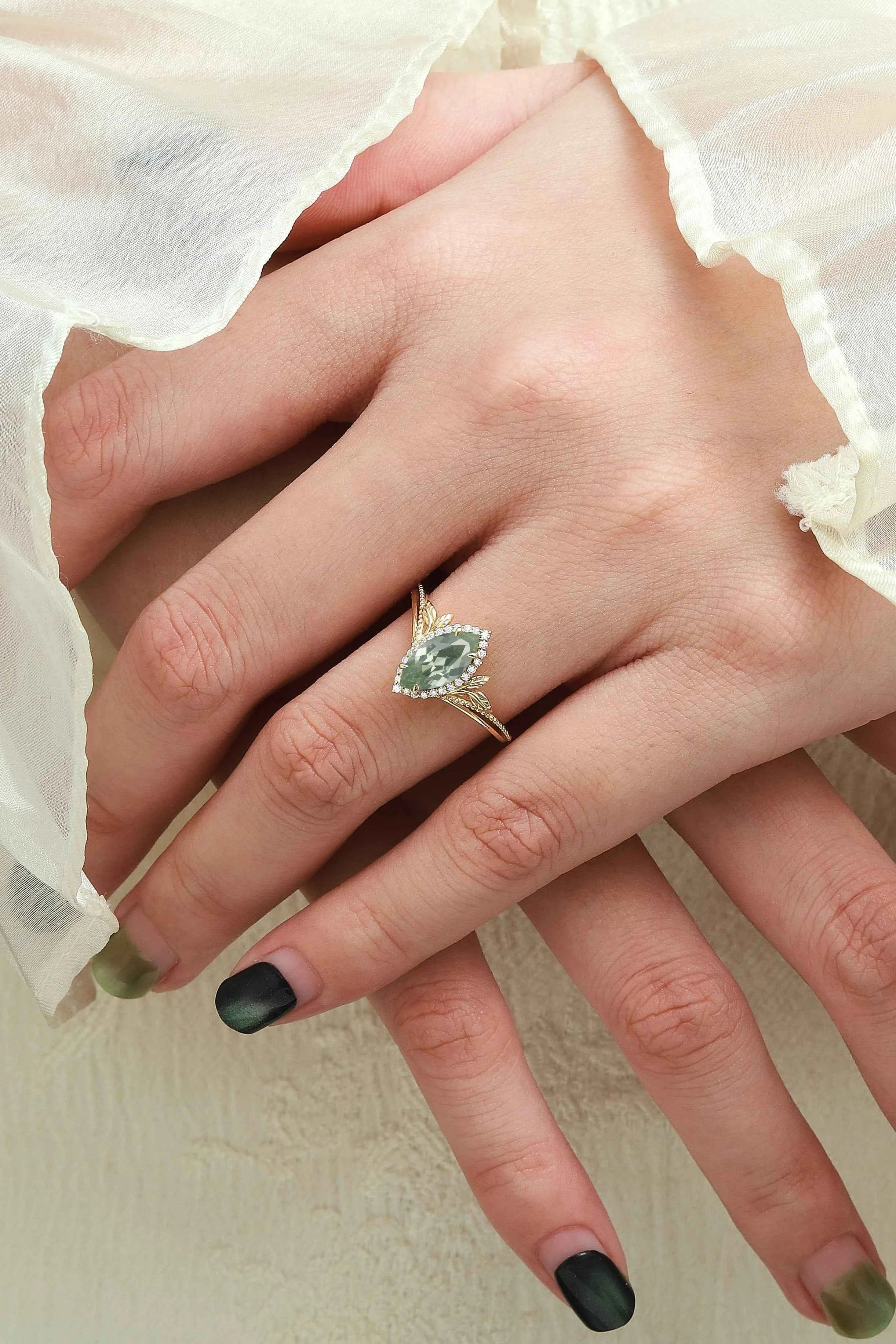 Nature-Inspired Marquise Green Sapphire Engagement Ring with Milgrain Halo & Wedding Band 2PCS
