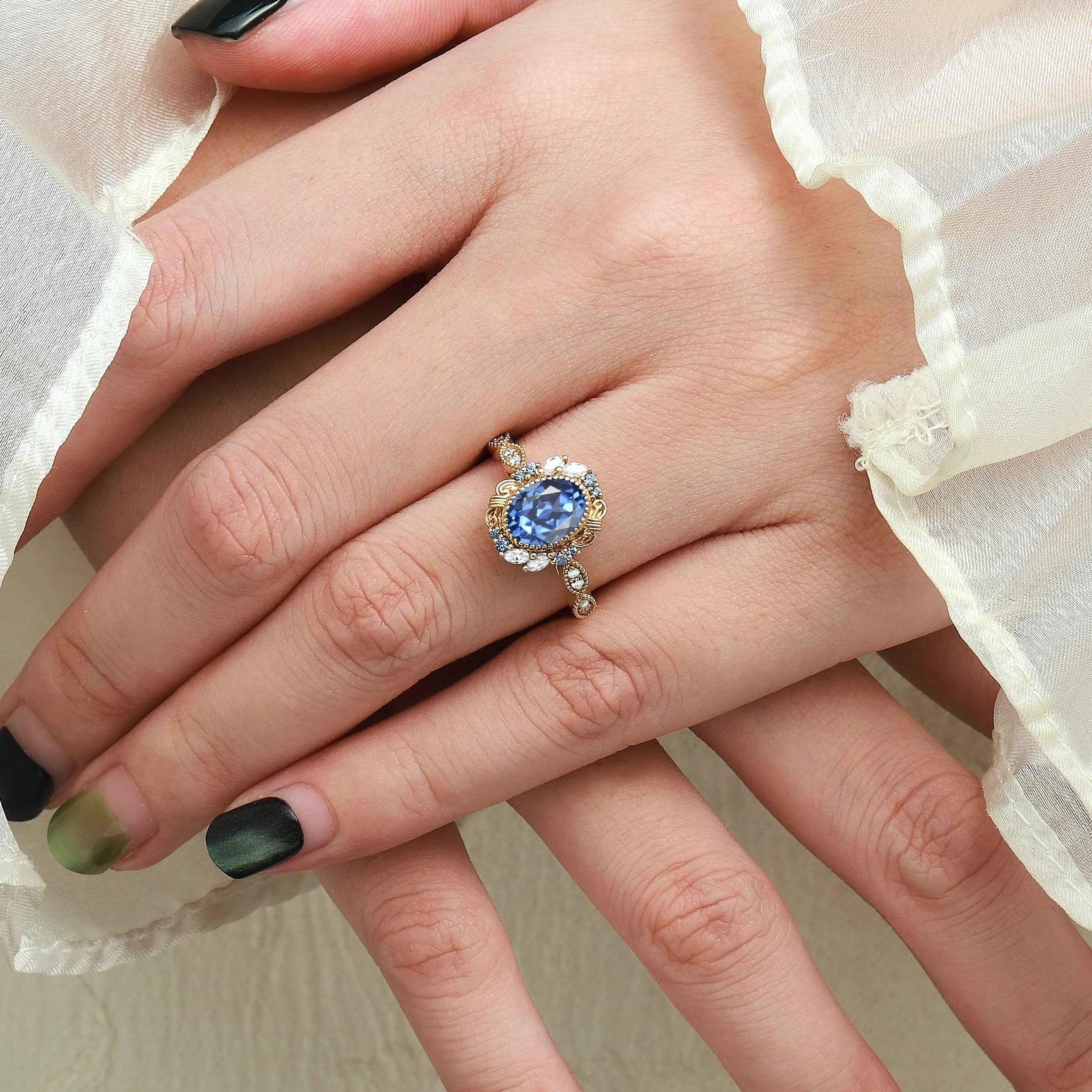 Vintage Bezel Oval Cut Royal Blue Sapphire Engagement Ring