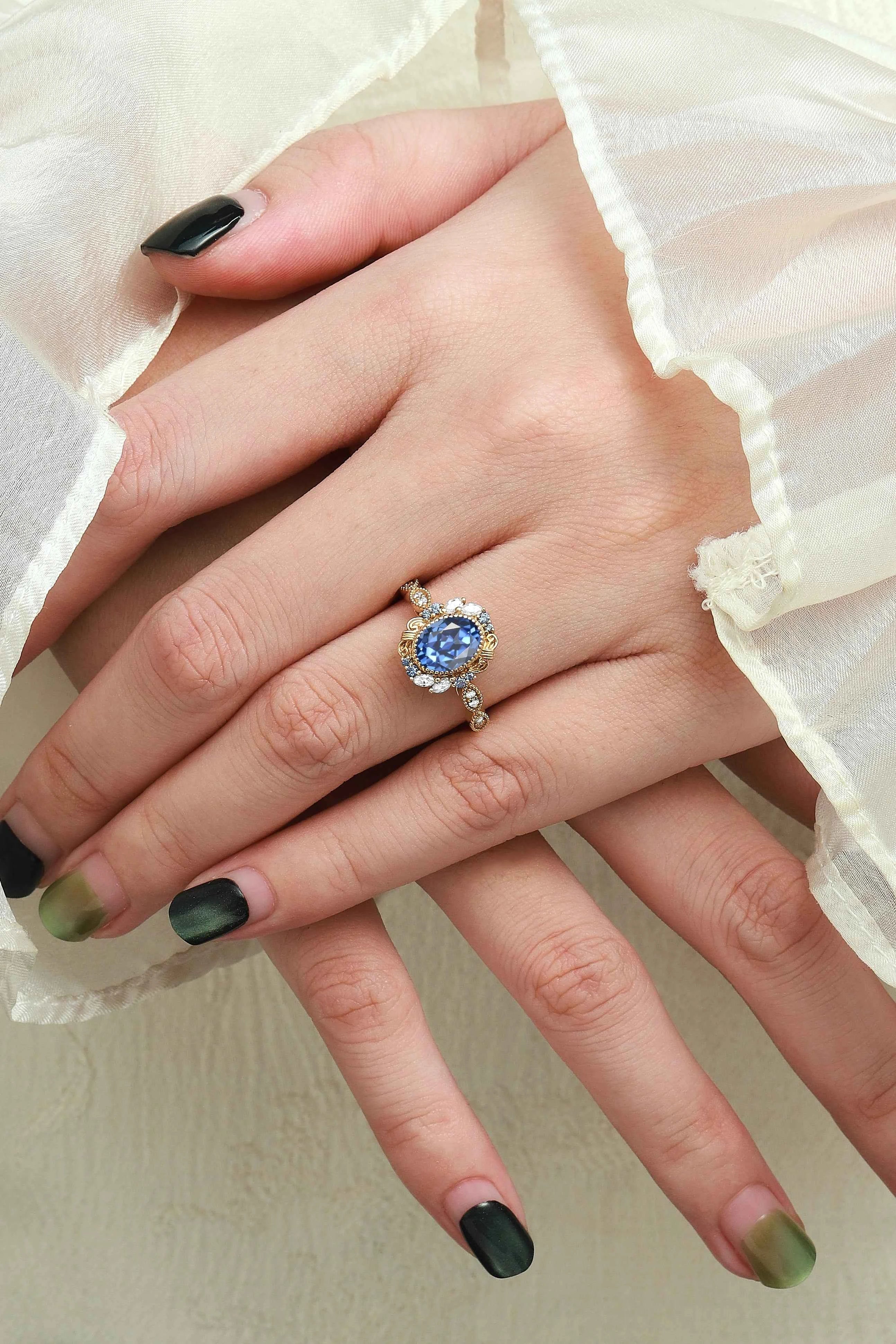 Vintage Bezel Oval Cut Royal Blue Sapphire Engagement Ring